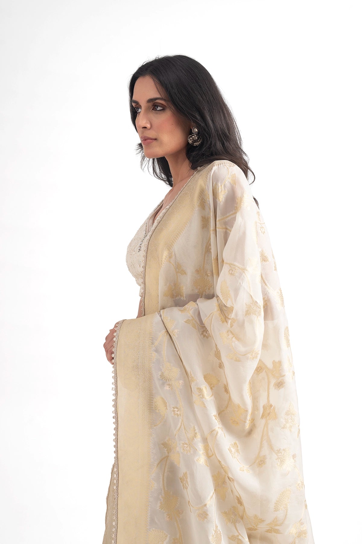 Ivory Luknowi Lehenga Set With A Tissue Banarasi Dupatta