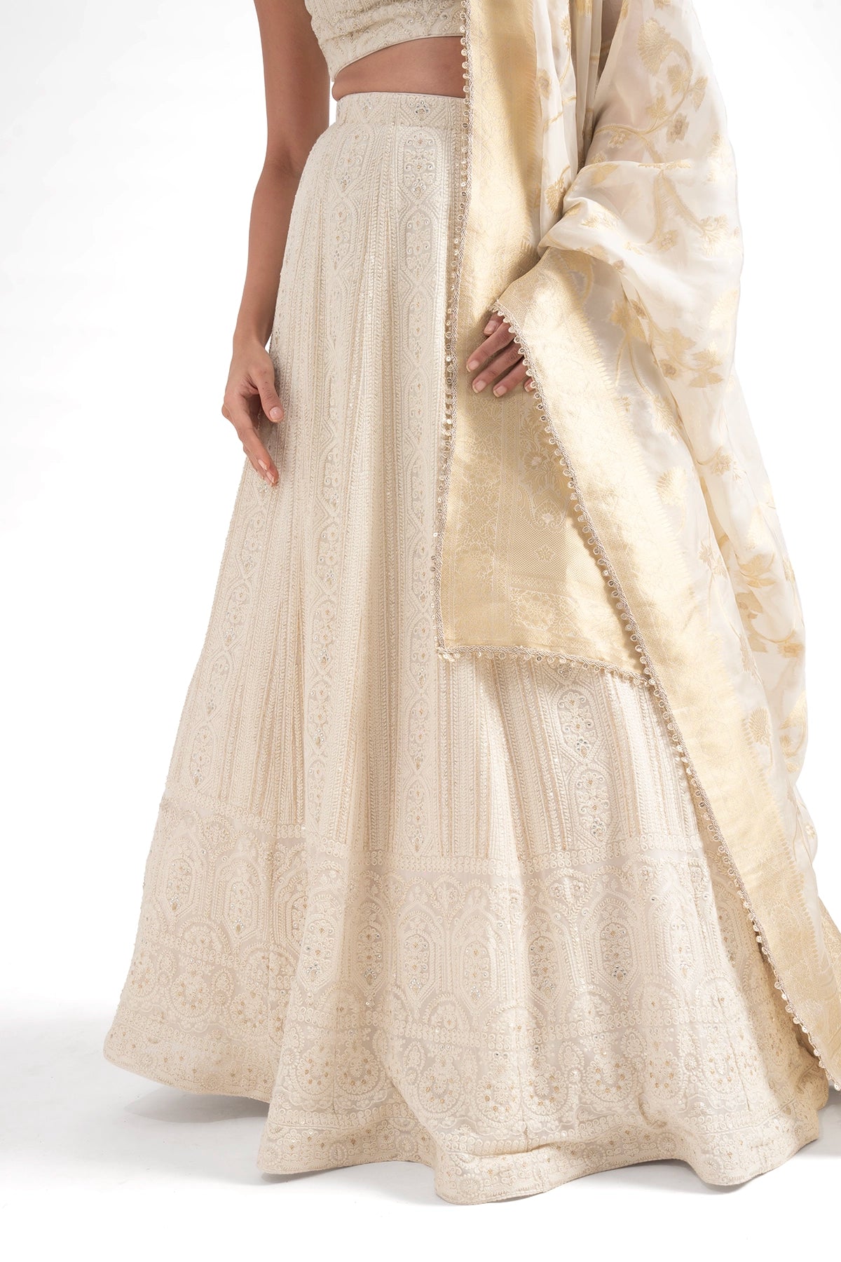 Ivory Luknowi Lehenga Set With A Tissue Banarasi Dupatta