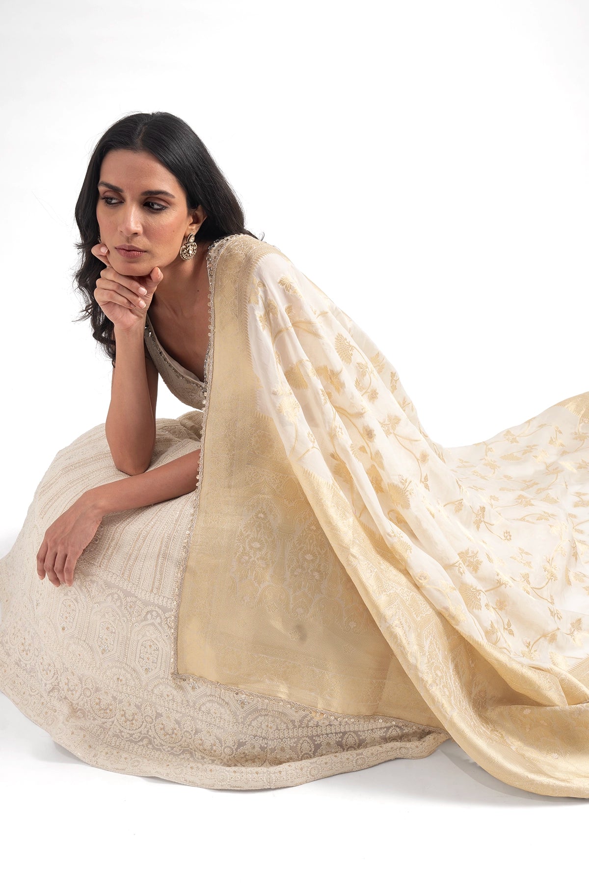 Ivory Luknowi Lehenga Set With A Tissue Banarasi Dupatta