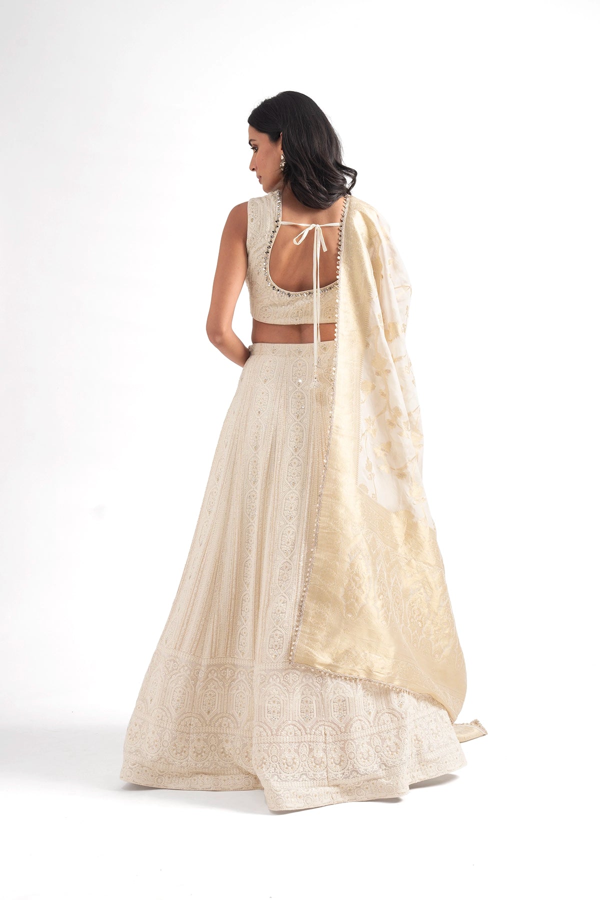 Ivory Luknowi Lehenga Set With A Tissue Banarasi Dupatta