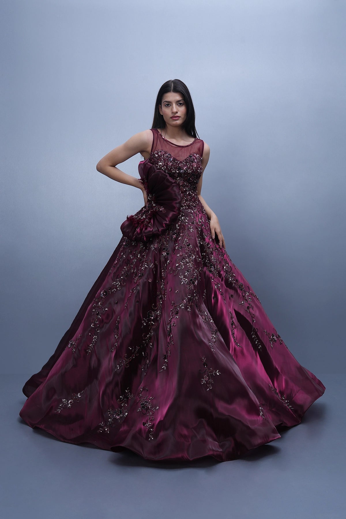 fitted lace wedding dress Wine ball gown in jimmy choo fabric