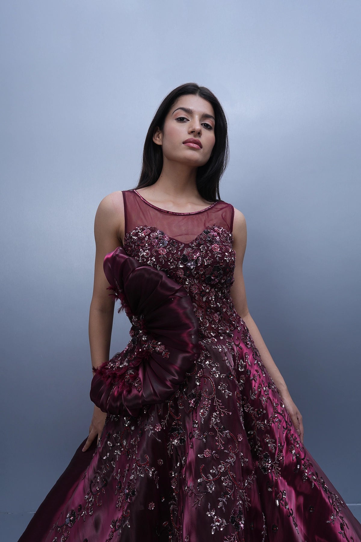 Wine ball gown in jimmy choo fabric