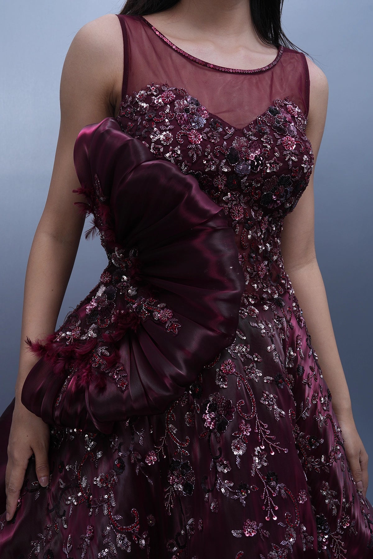 Wine ball gown in jimmy choo fabric