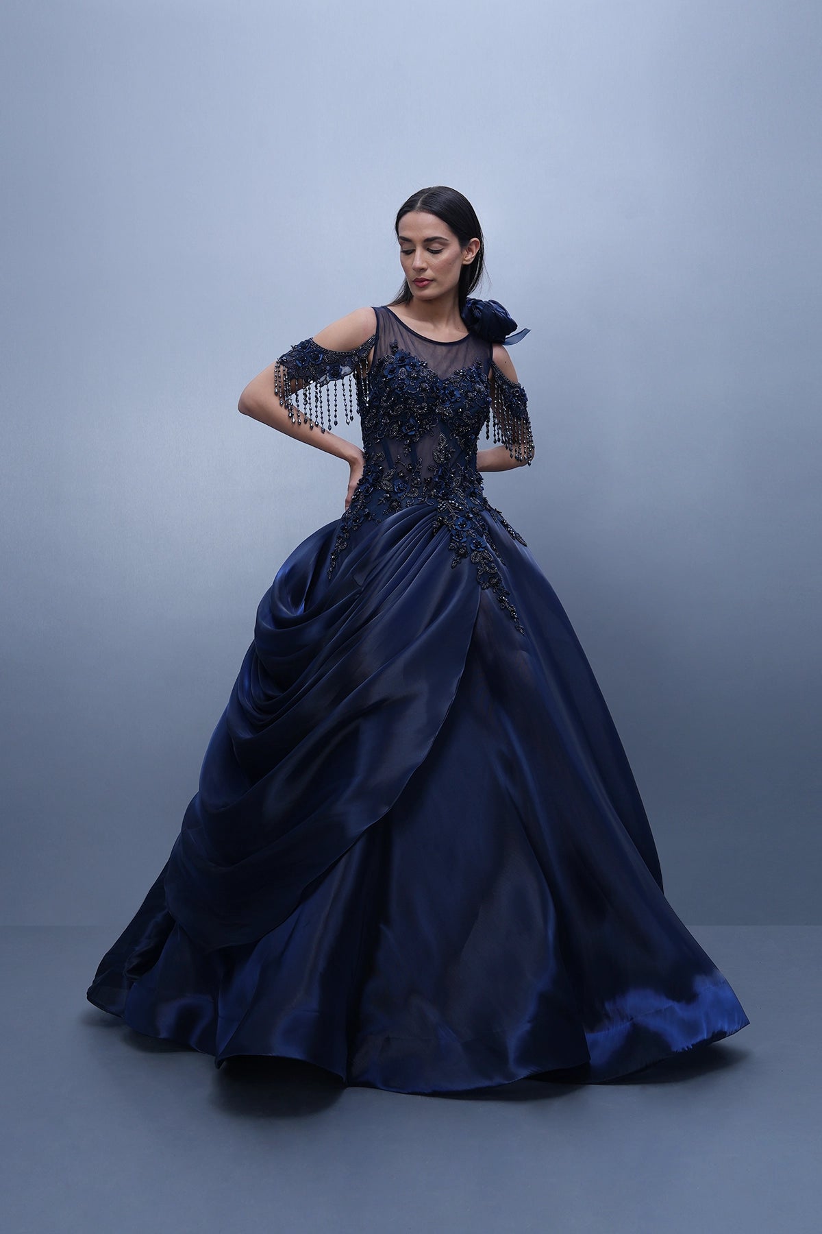 Persian blue ball gown in jimmy choo fabric