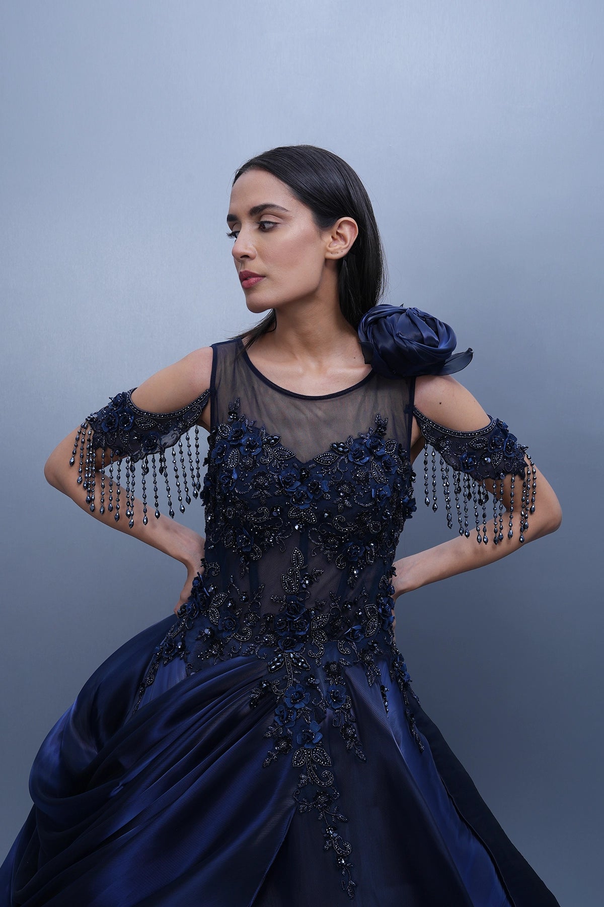 Persian blue ball gown in jimmy choo fabric