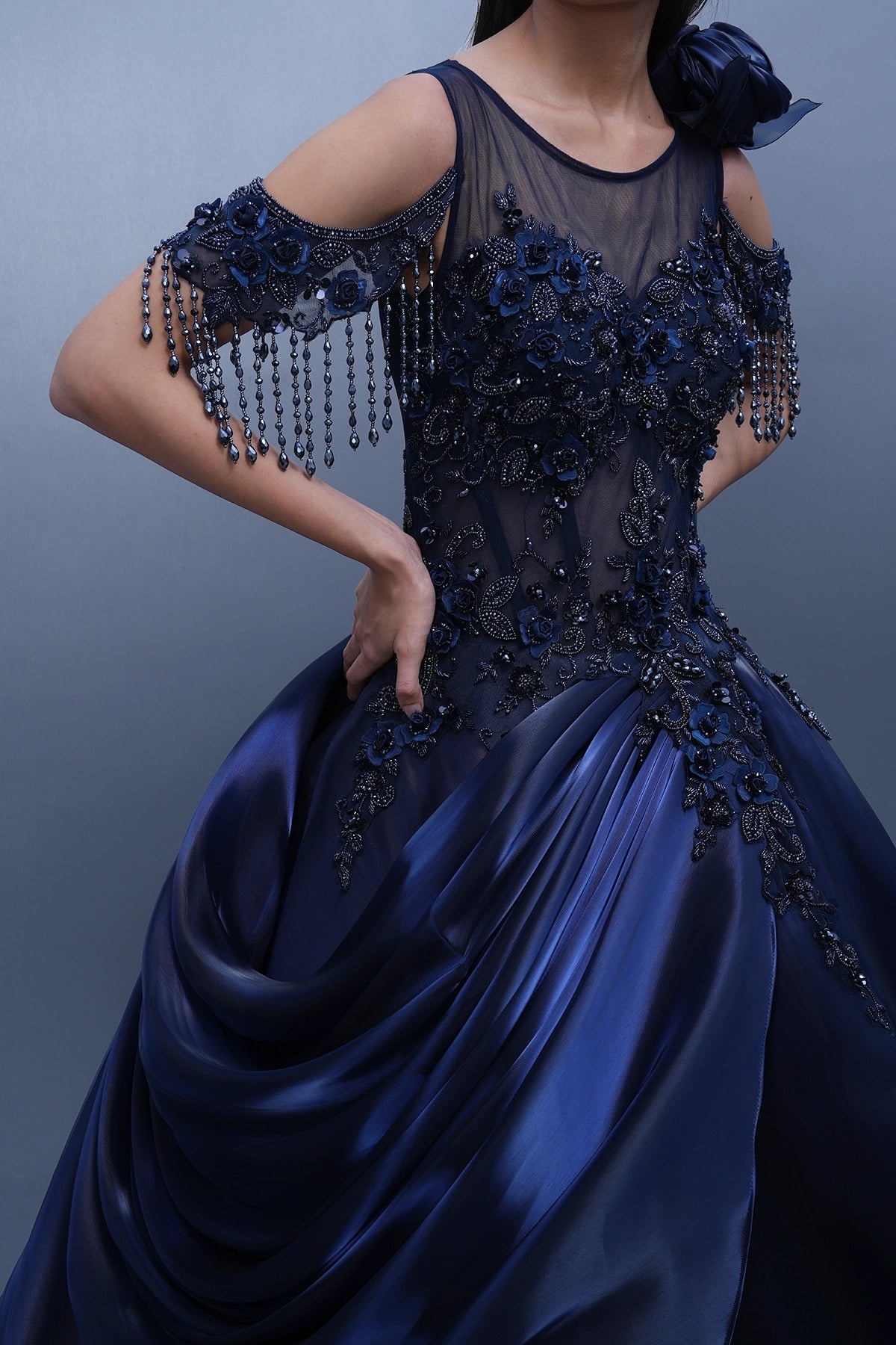 Persian blue ball gown in jimmy choo fabric
