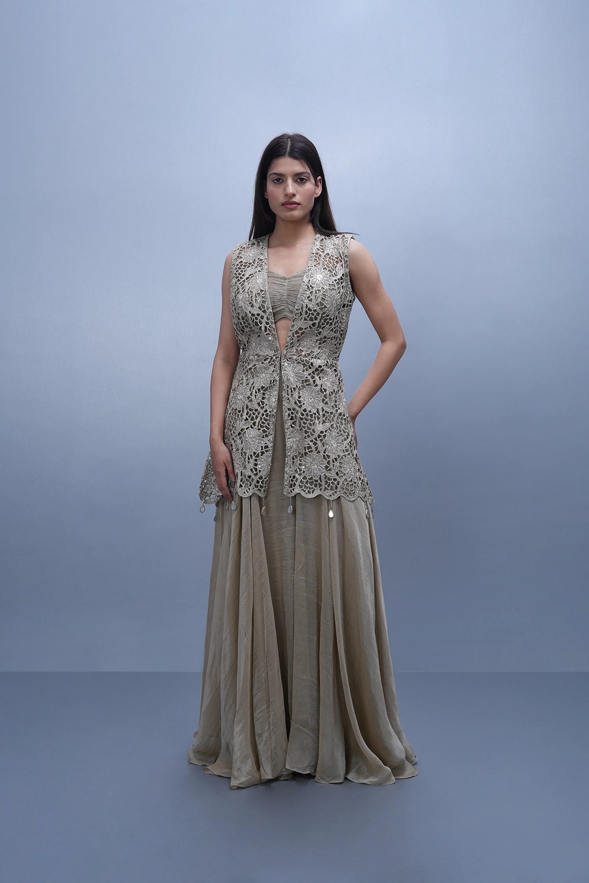 Light dusty gold cutwork jacket set with gathered top and palazzo
