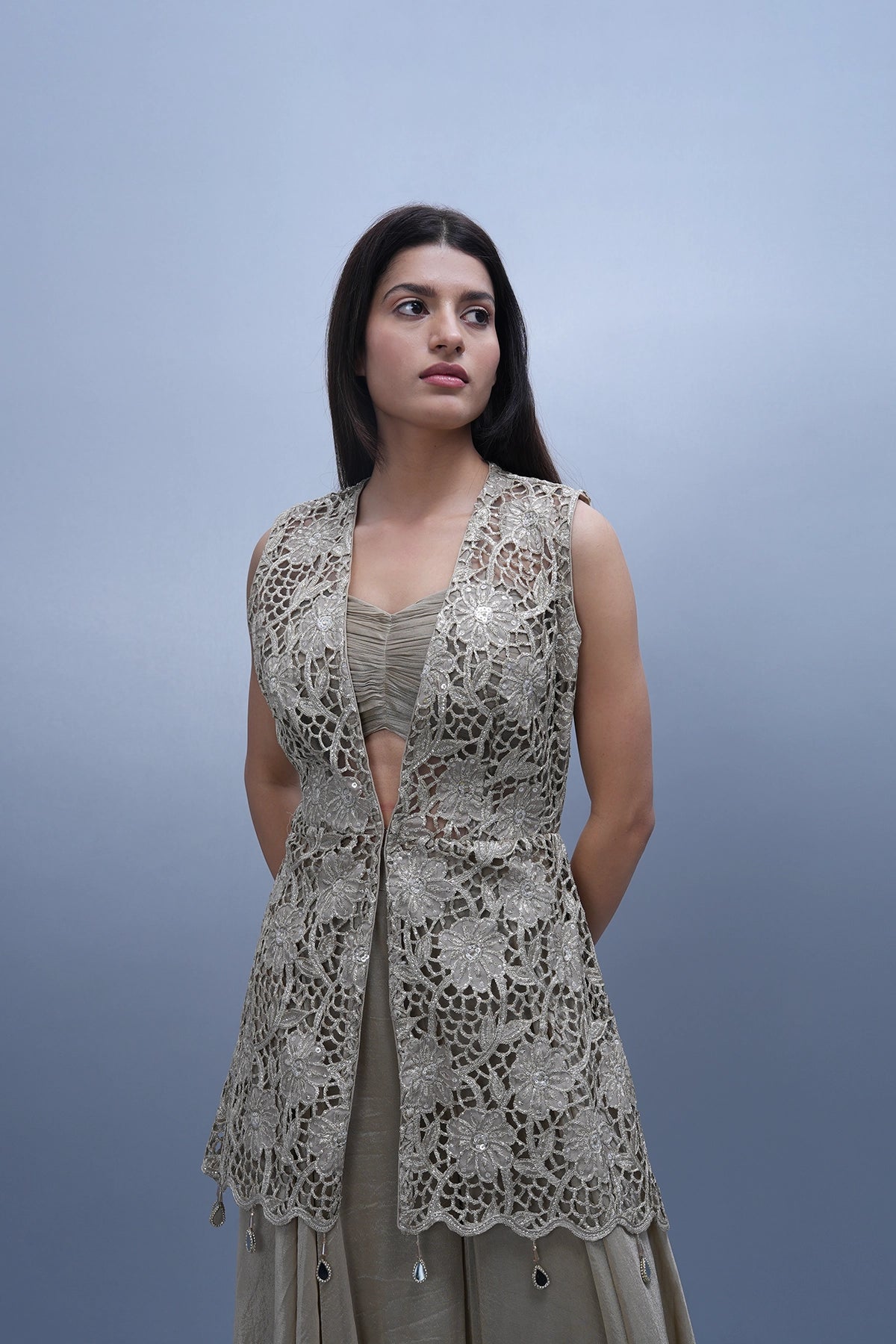 Light dusty gold cutwork jacket set with gathered top and palazzo