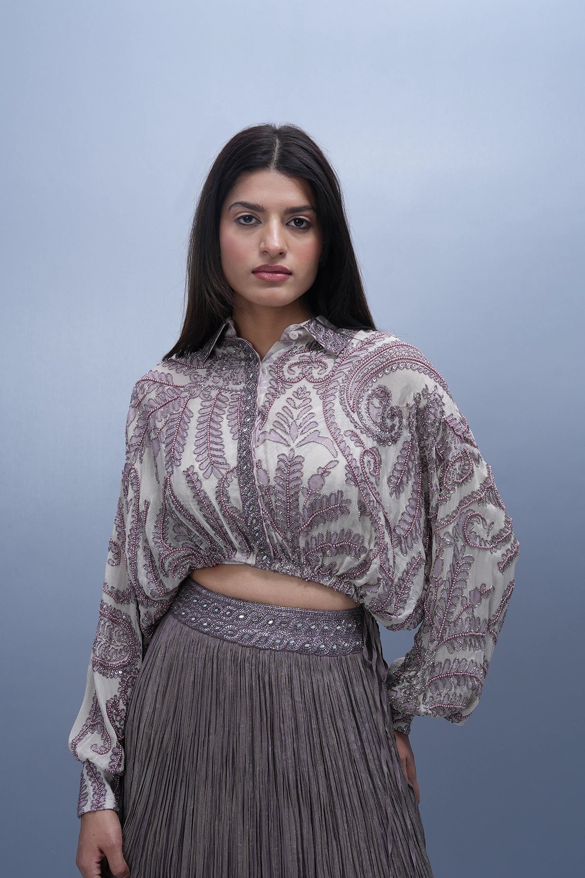 ivory and dusty lavender printed shirt and lehenga set