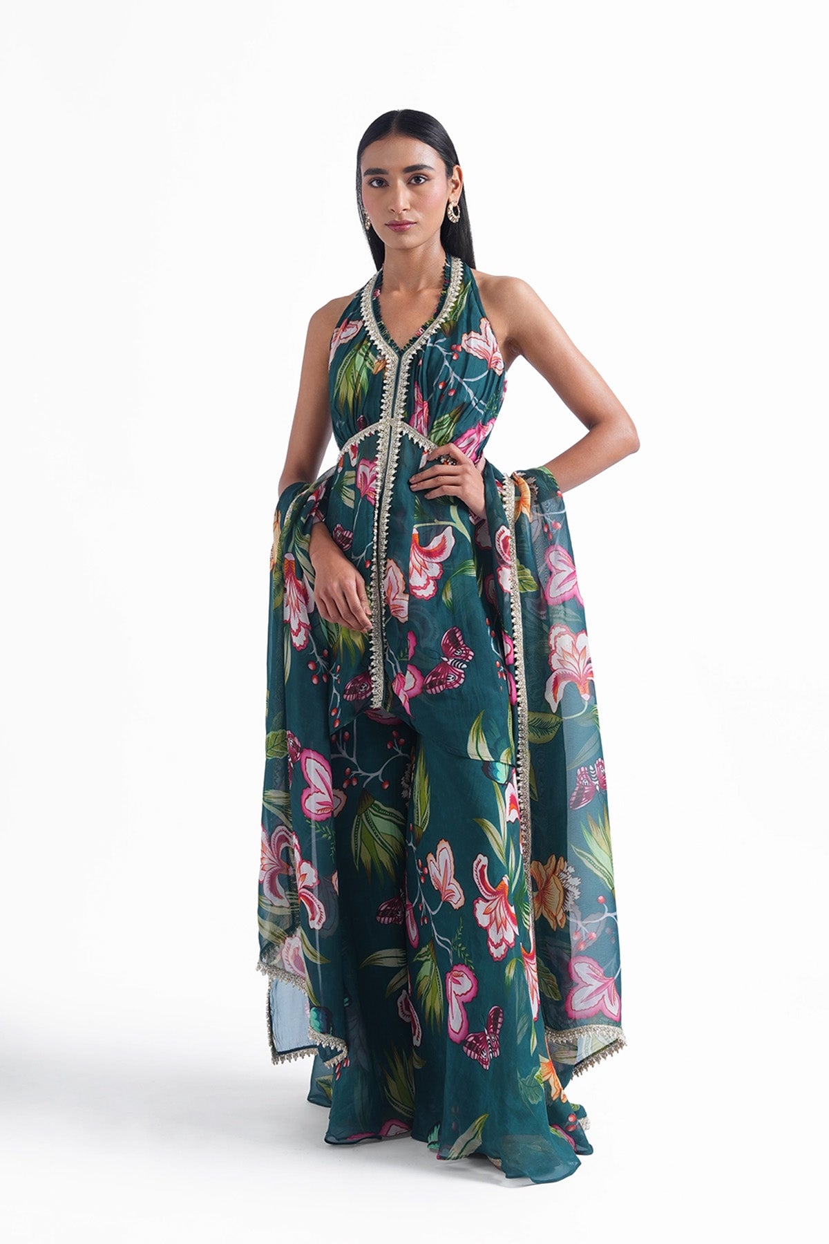 Dark teal green floral printed palazzo and long top set