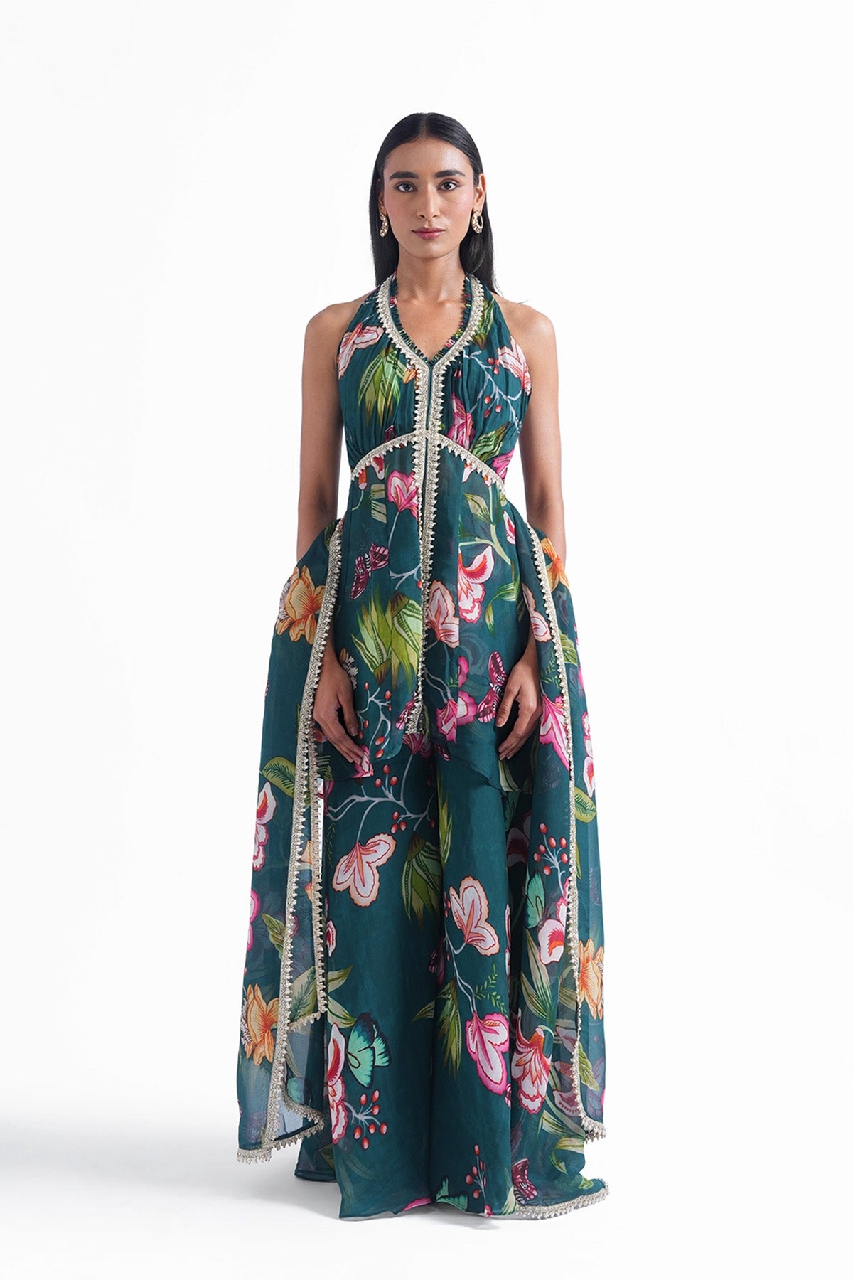 Dark teal green floral printed palazzo and long top set