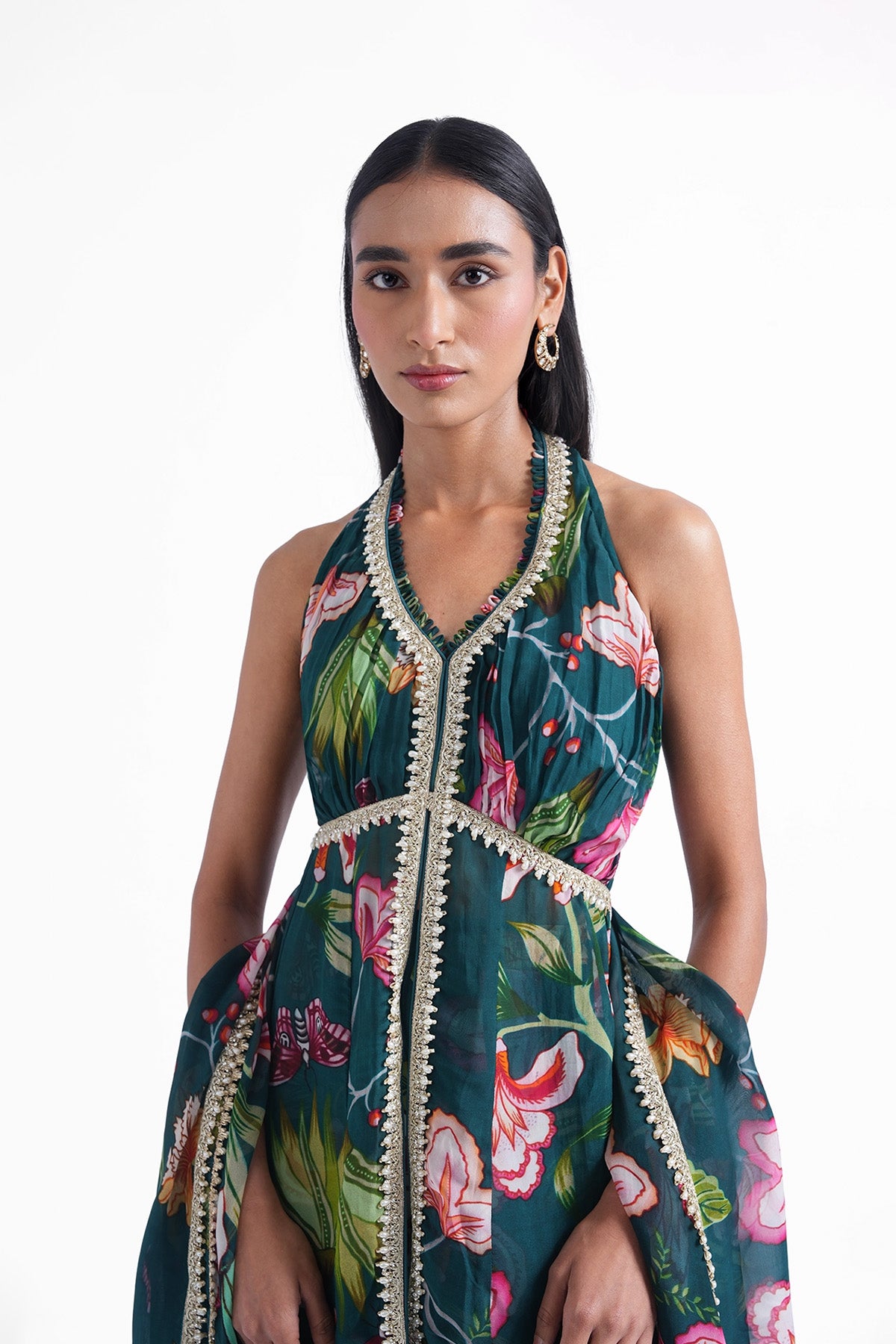 Dark teal green floral printed palazzo and long top set