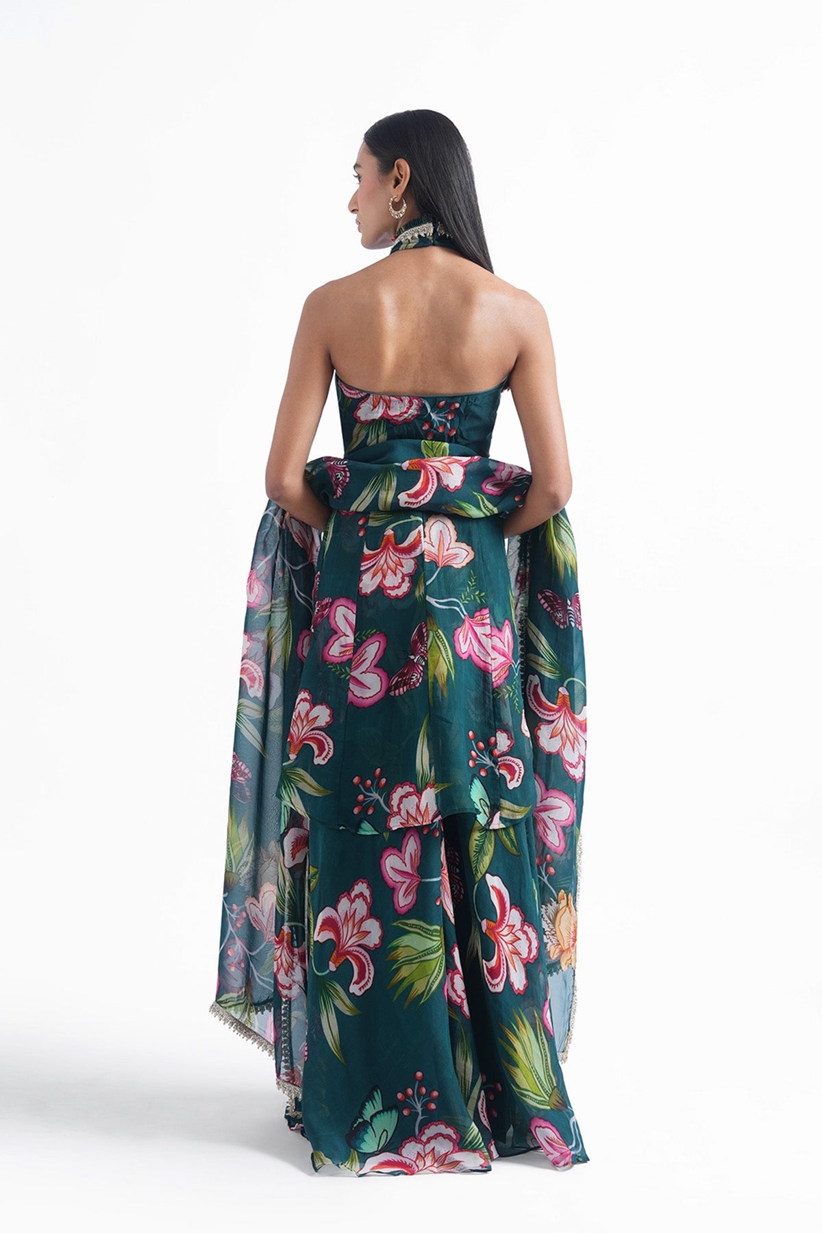 Dark teal green floral printed palazzo and long top set