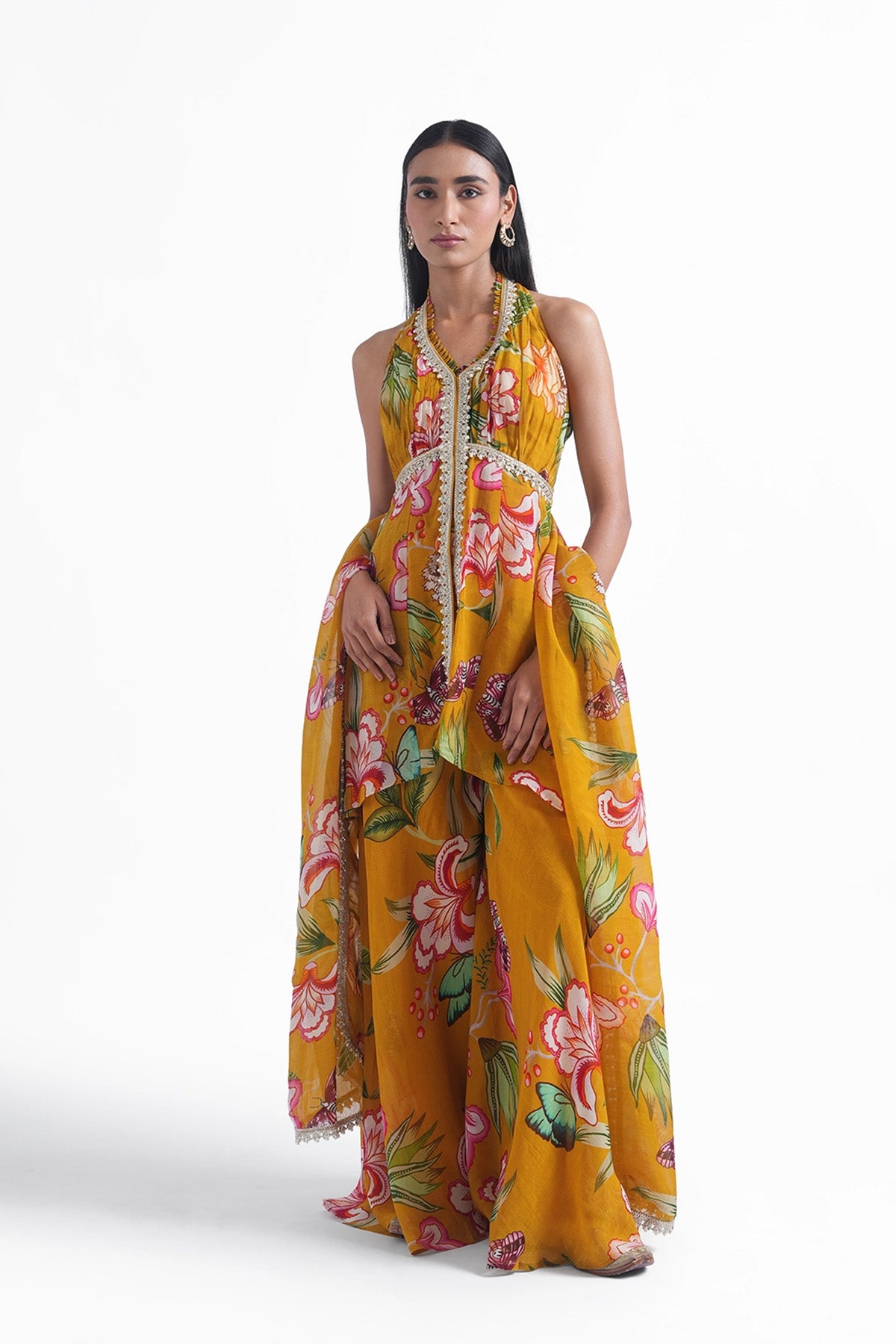 chrome yellow floral printed palazzo and long top set