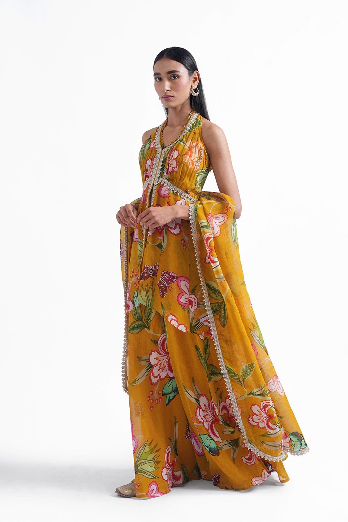 chrome yellow floral printed palazzo and long top set