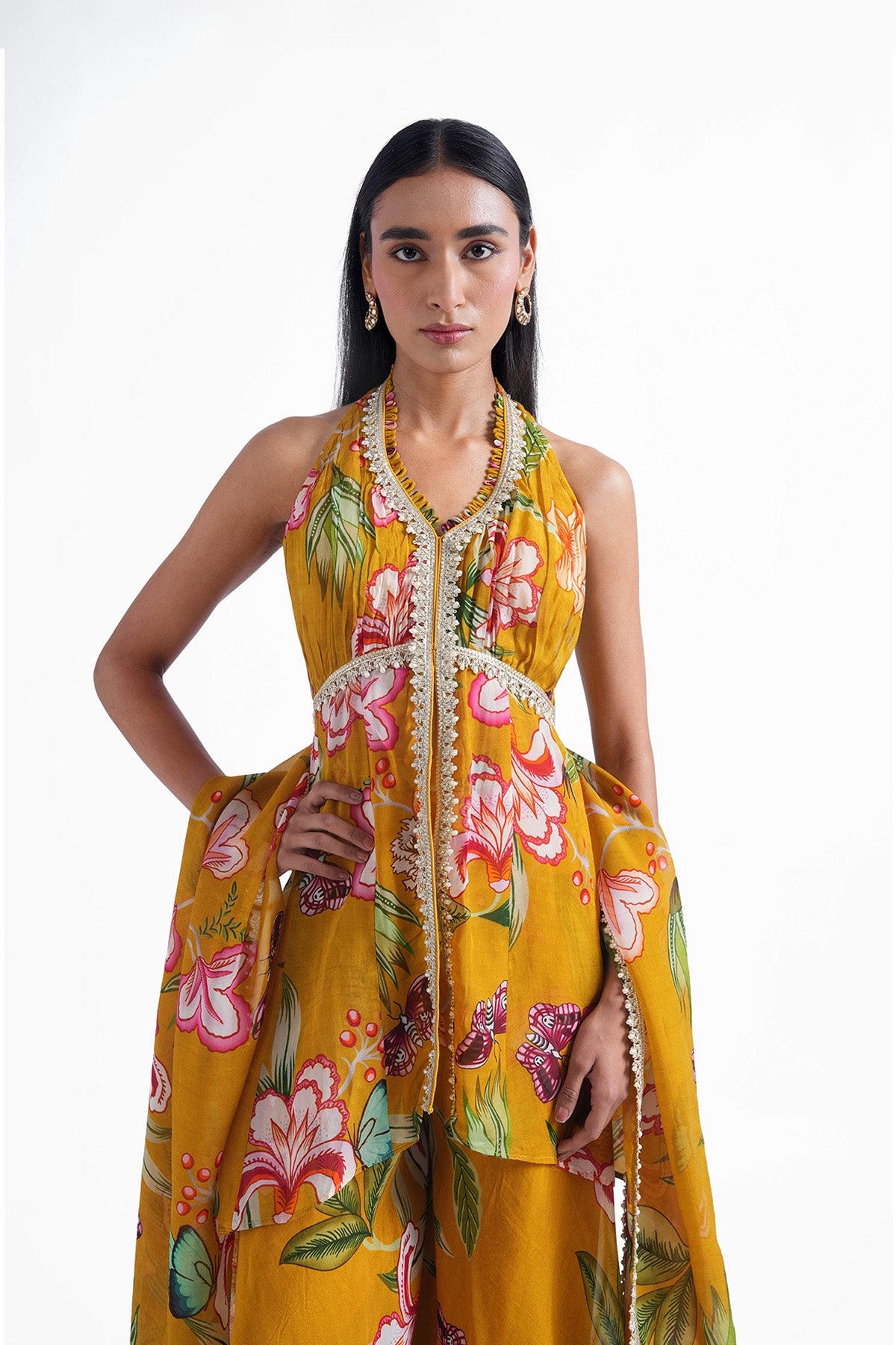 chrome yellow floral printed palazzo and long top set