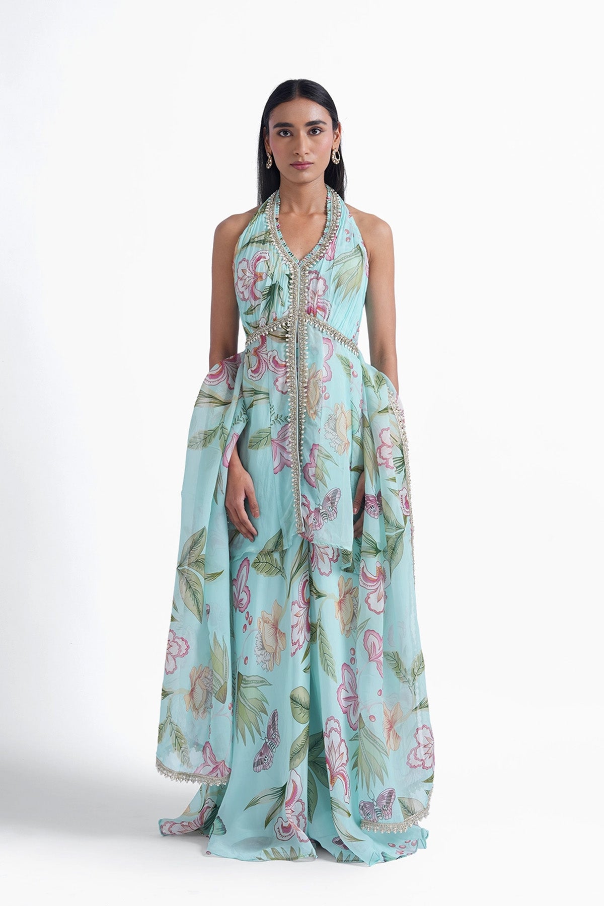 sky blue floral printed palazzo and long top set