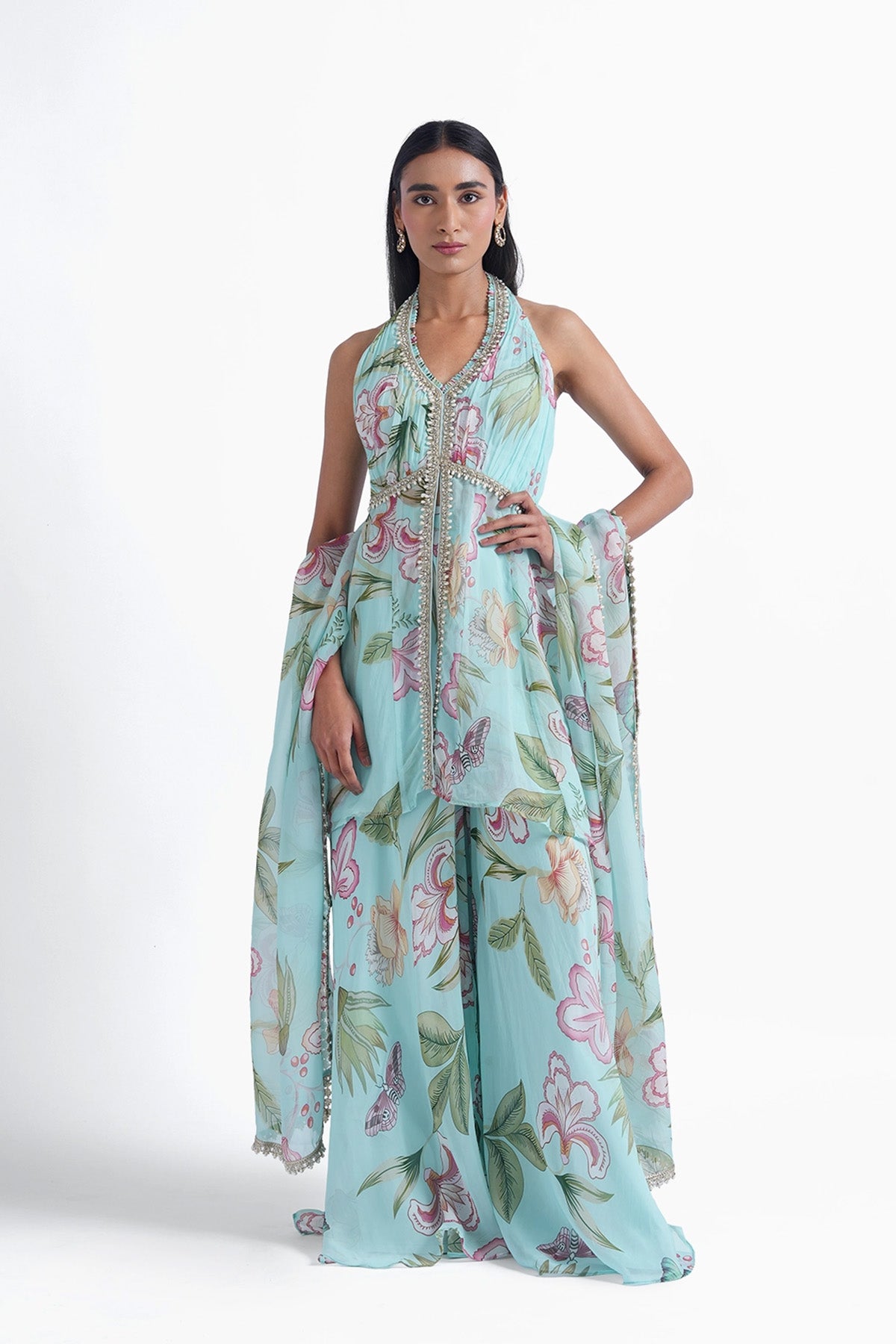 sky blue floral printed palazzo and long top set
