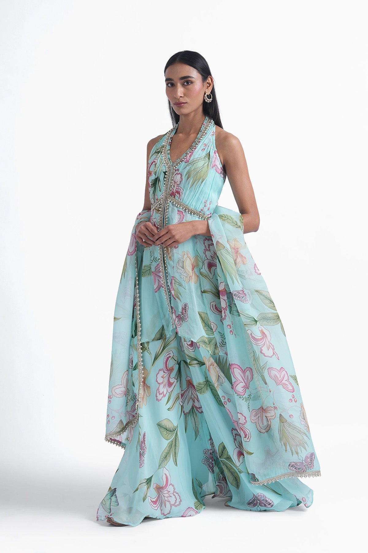 sky blue floral printed palazzo and long top set