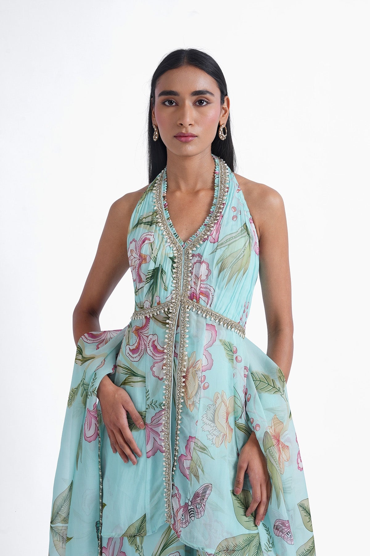 sky blue floral printed palazzo and long top set