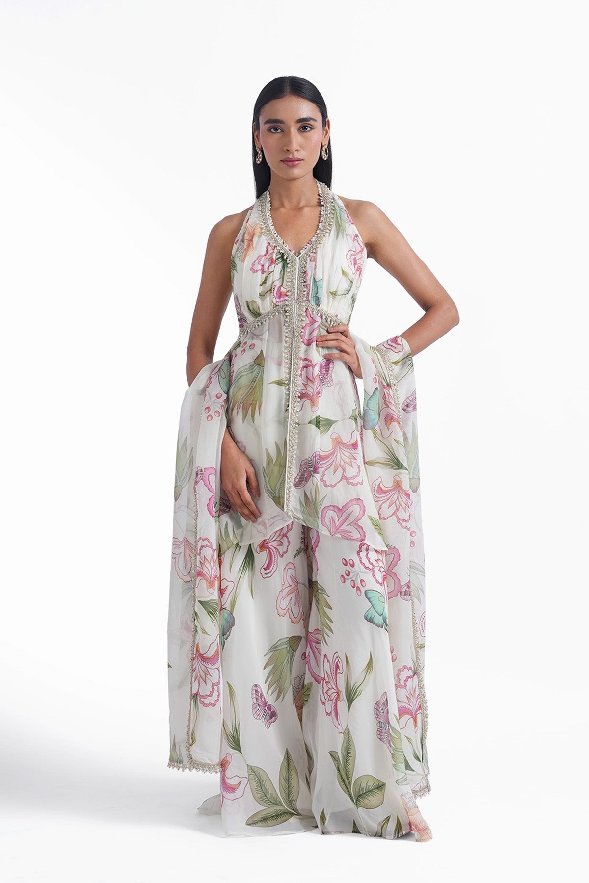 white floral printed palazzo and long top set