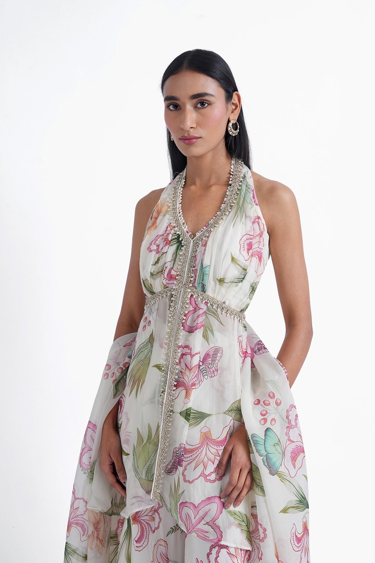 white floral printed palazzo and long top set