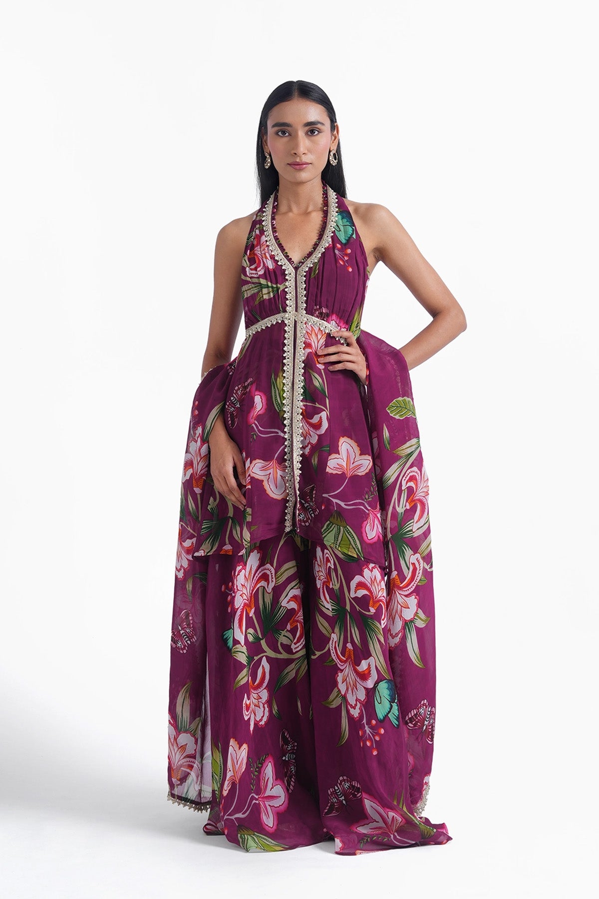 wine floral printed palazzo and long top set