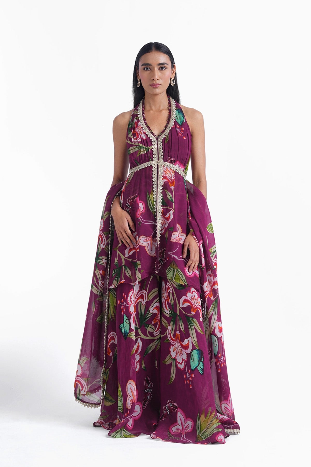 wine floral printed palazzo and long top set