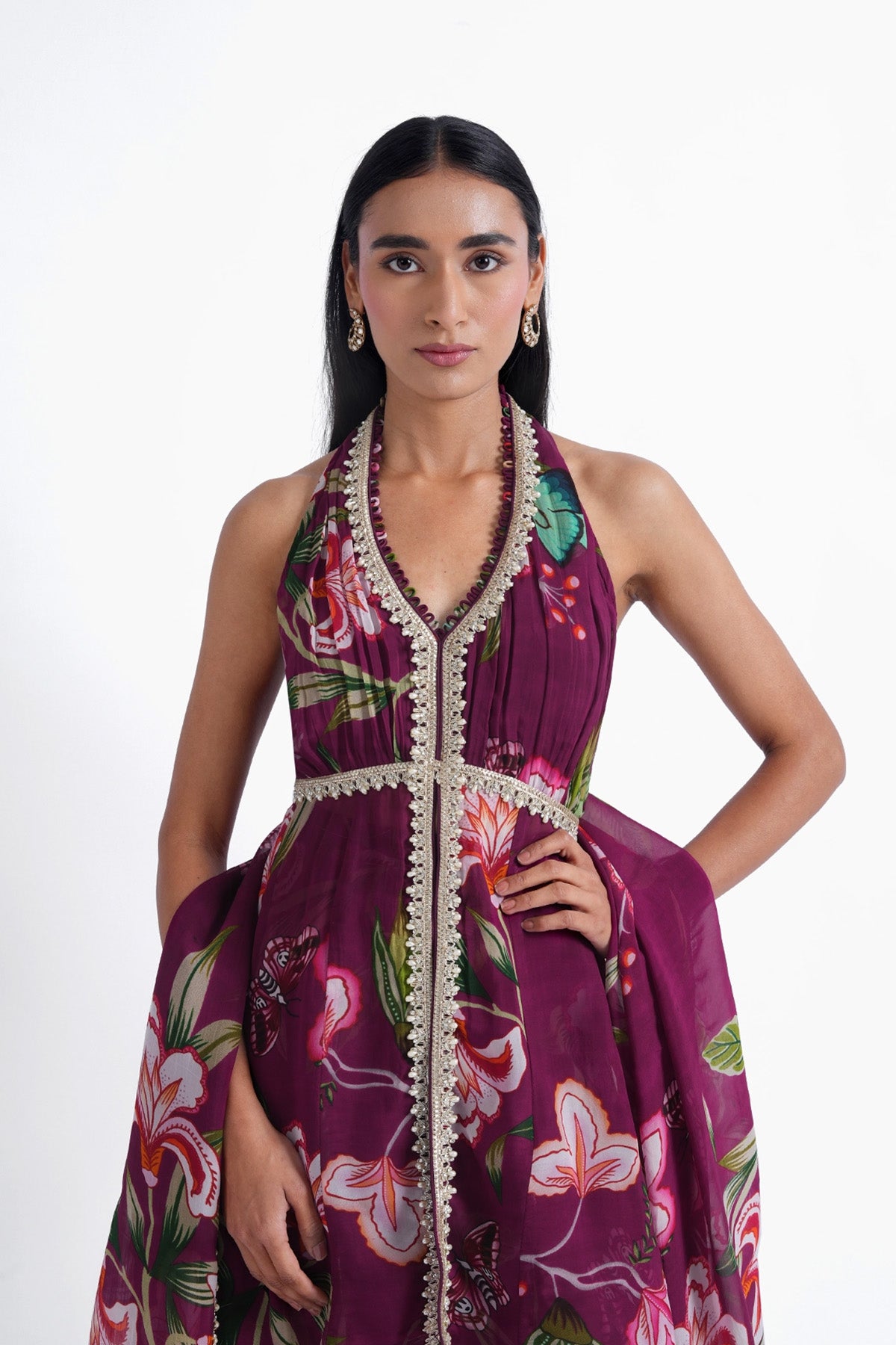 wine floral printed palazzo and long top set