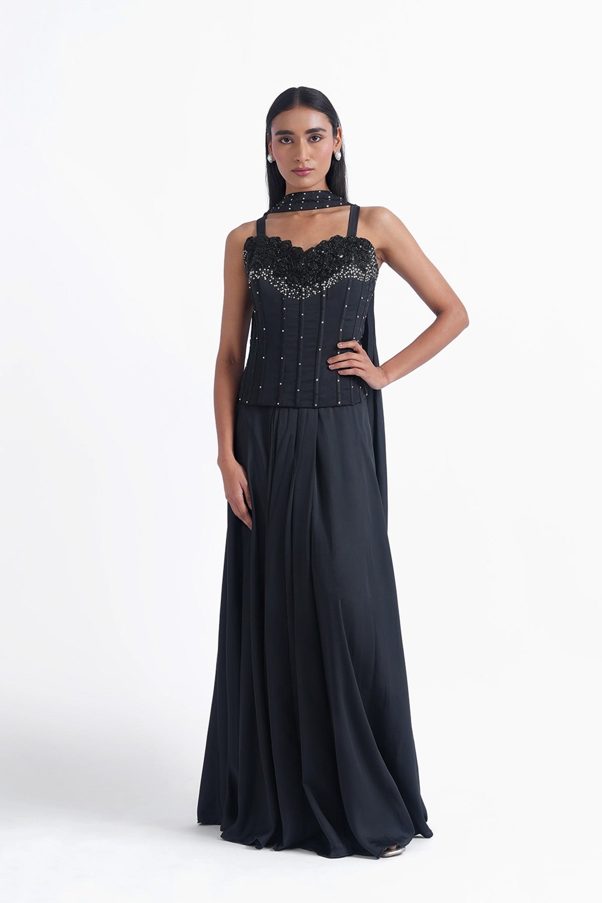 black satin long corset blouse with skirt and choker dupatta set