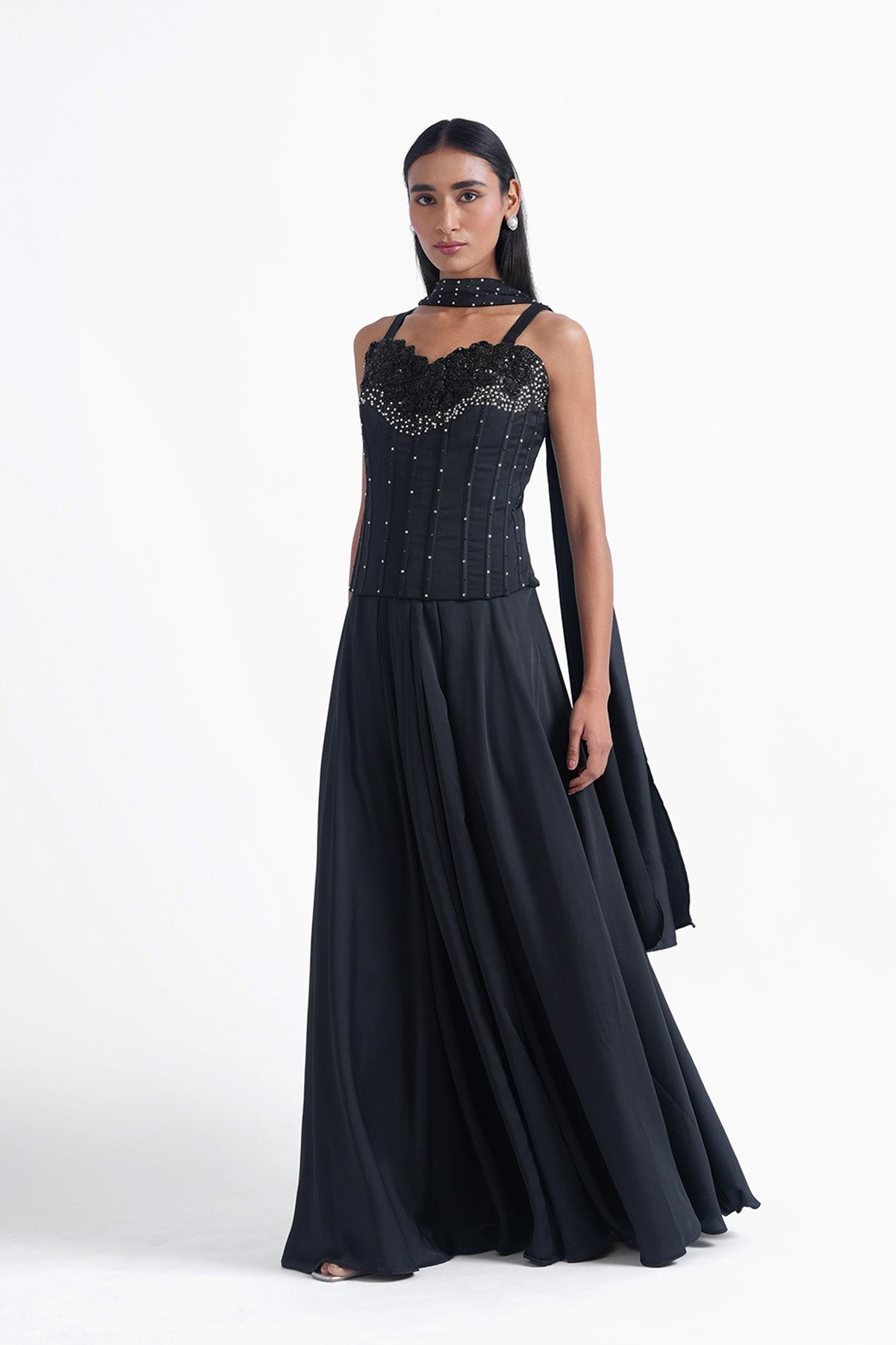 black satin long corset blouse with skirt and choker dupatta set