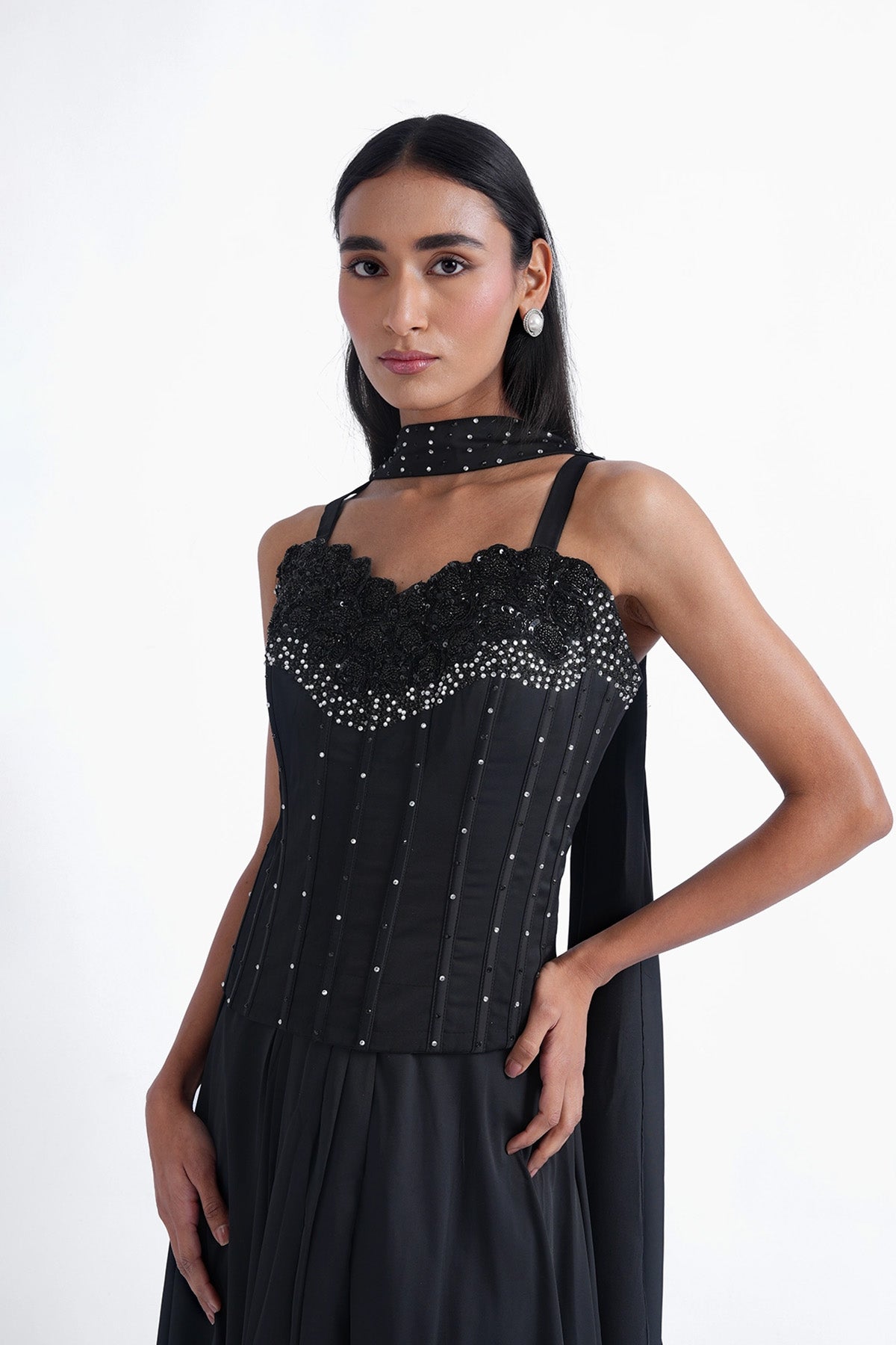 black satin long corset blouse with skirt and choker dupatta set