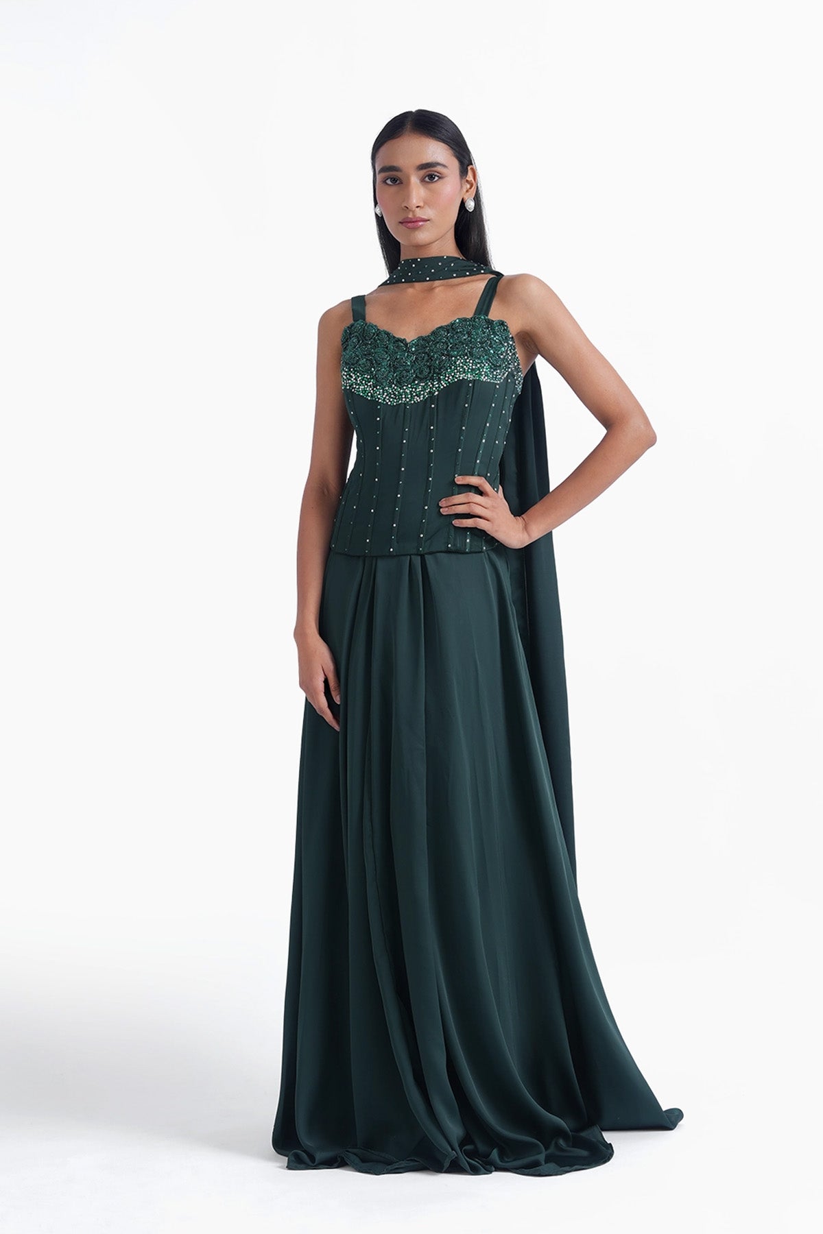 bottle green satin long corset blouse with skirt and choker dupatta set
