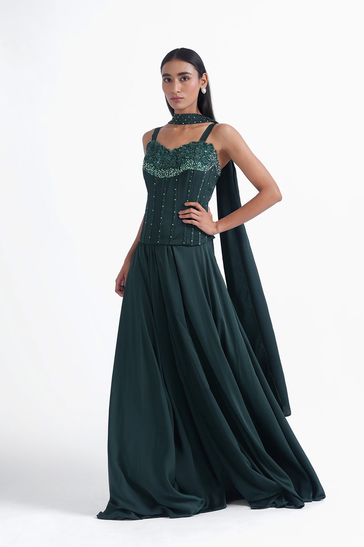bottle green satin long corset blouse with skirt and choker dupatta set