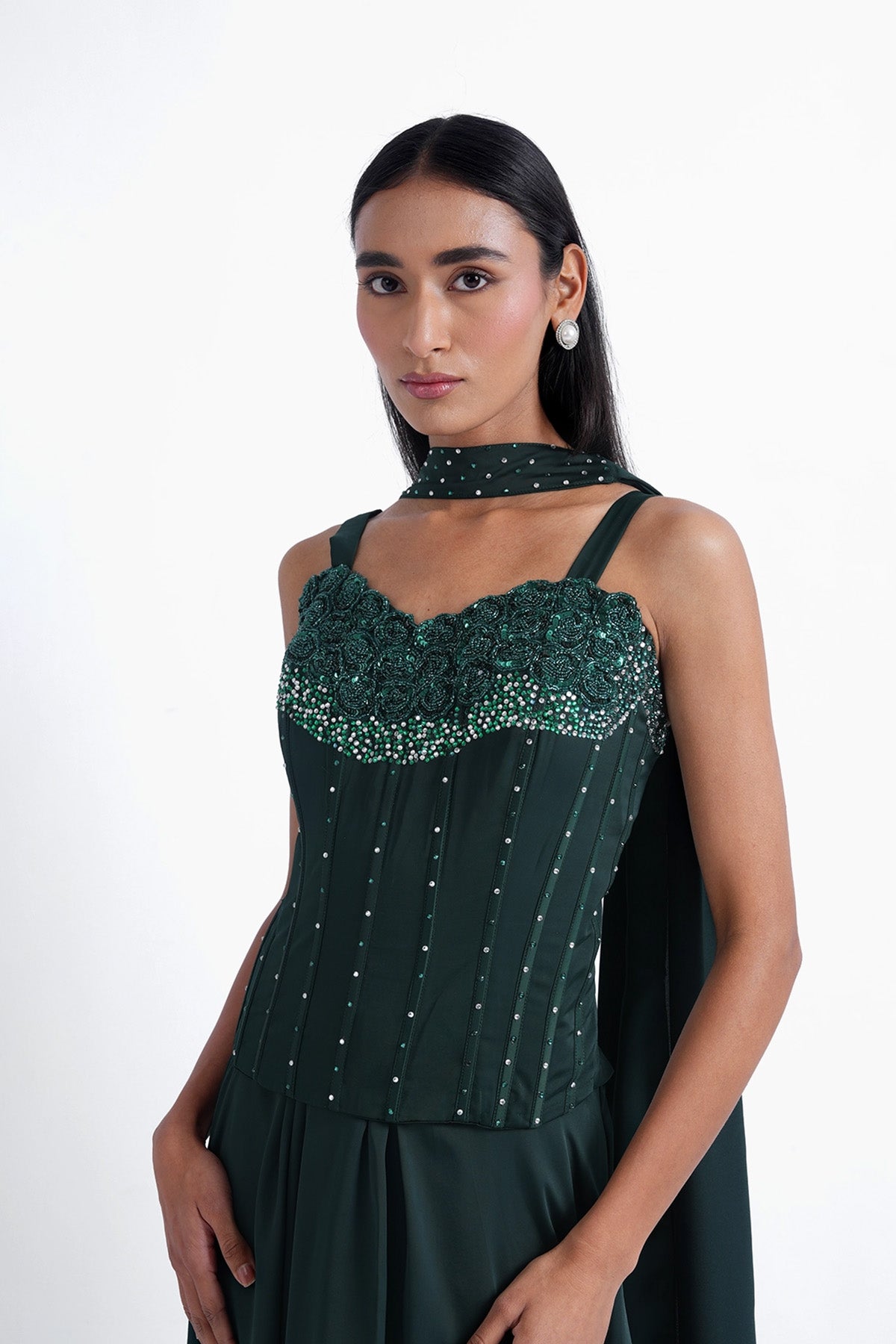 bottle green satin long corset blouse with skirt and choker dupatta set