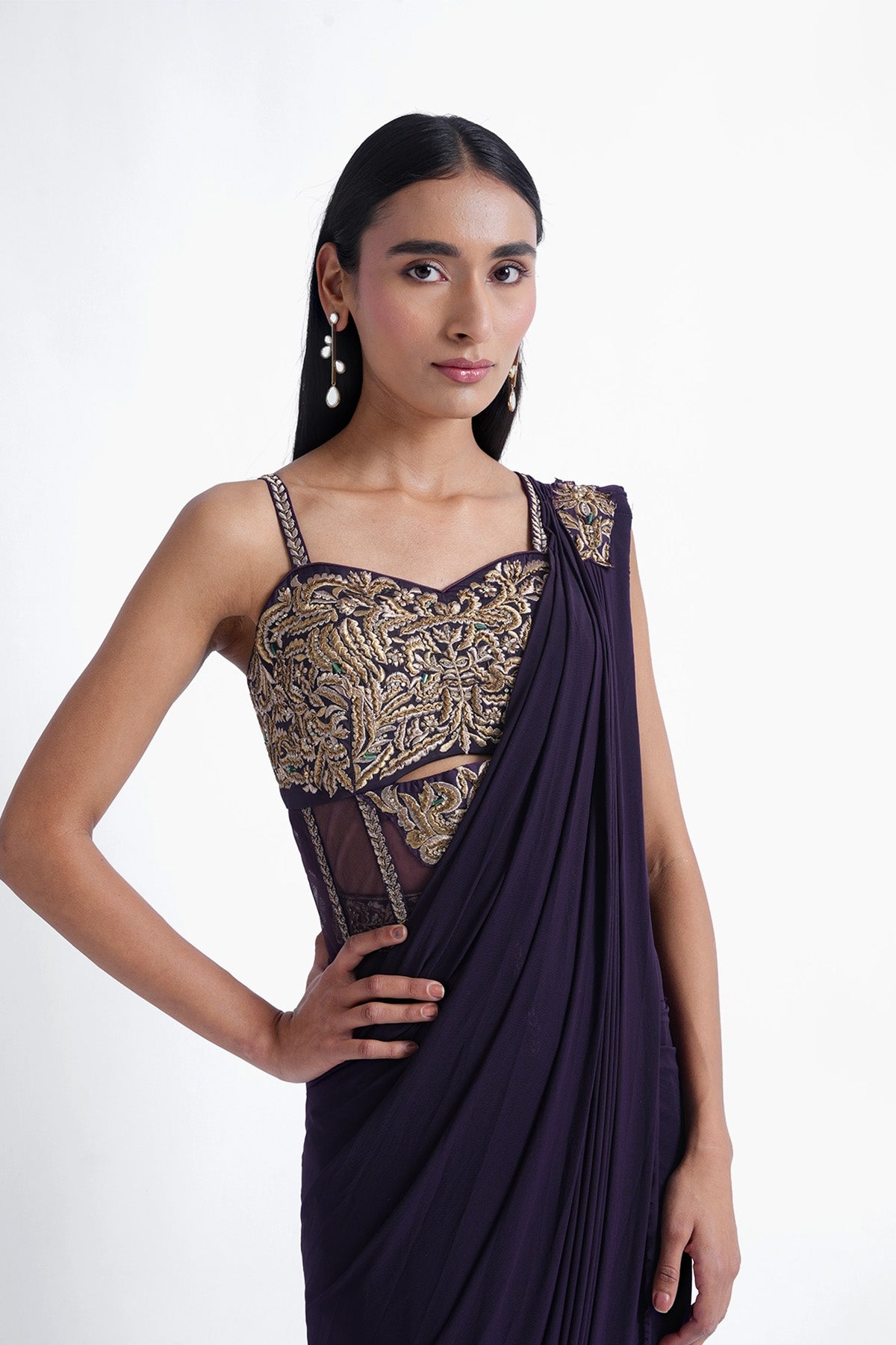 Violet ready-to-wear saree with long bustier blouse set