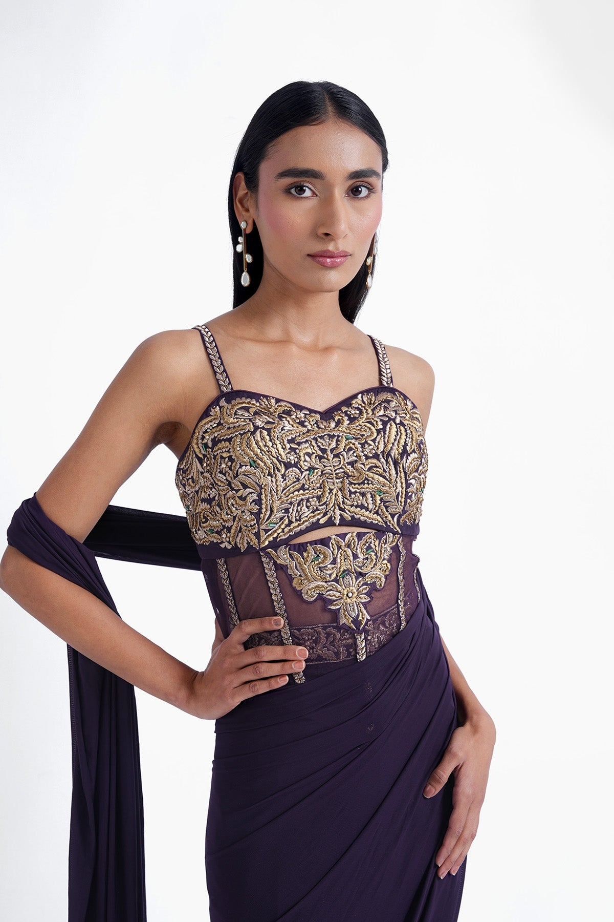 Violet ready-to-wear saree with long bustier blouse set