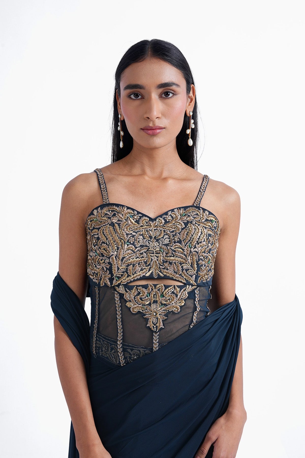 blue ready-to-wear saree with long bustier blouse set