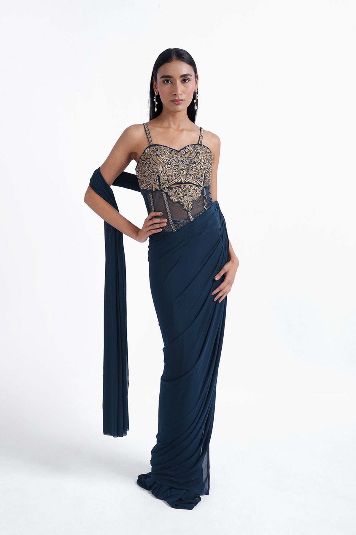 blue ready-to-wear saree with long bustier blouse set