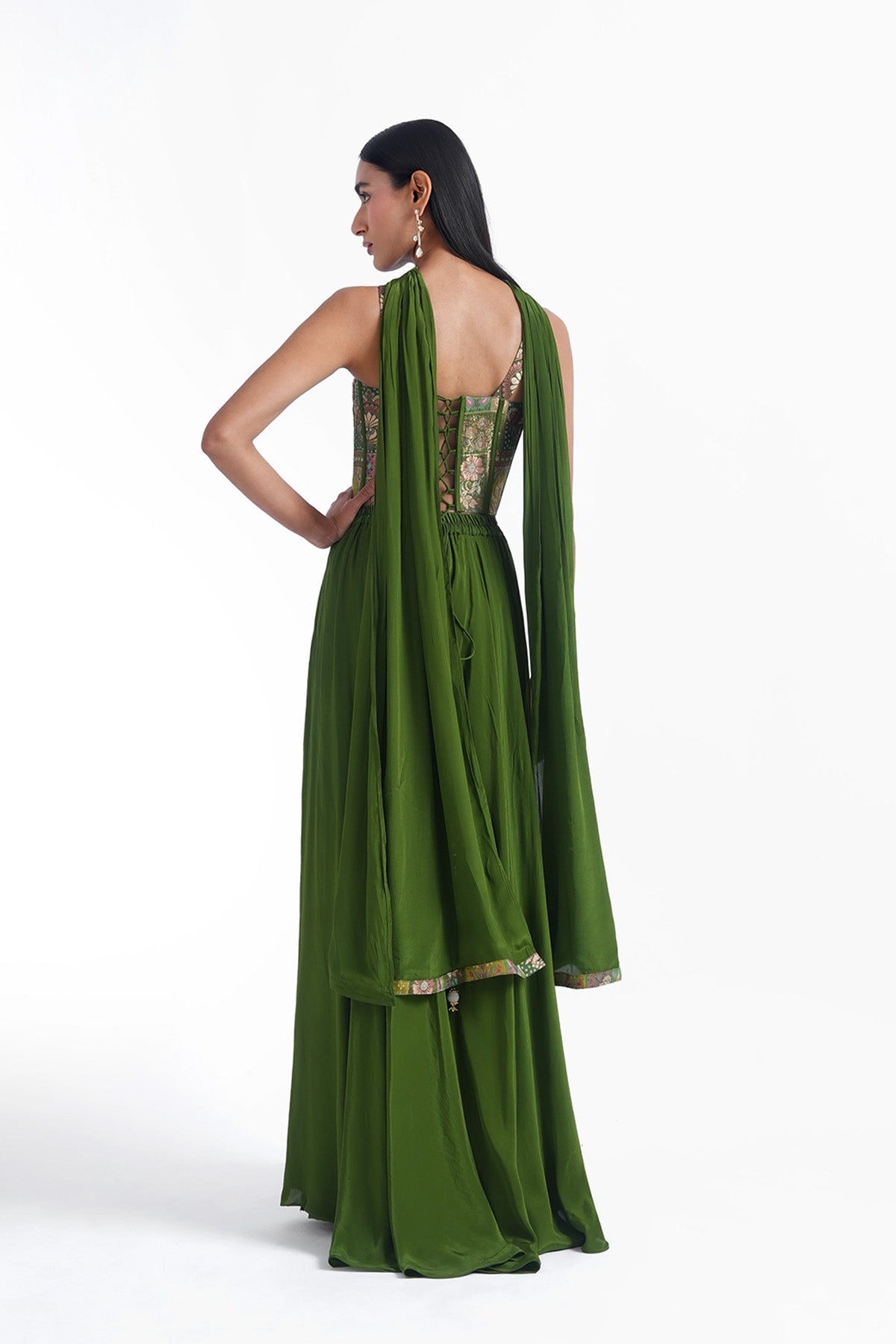 light mehendi green banarasi brocade corset top with palazzo and choker dupatta set