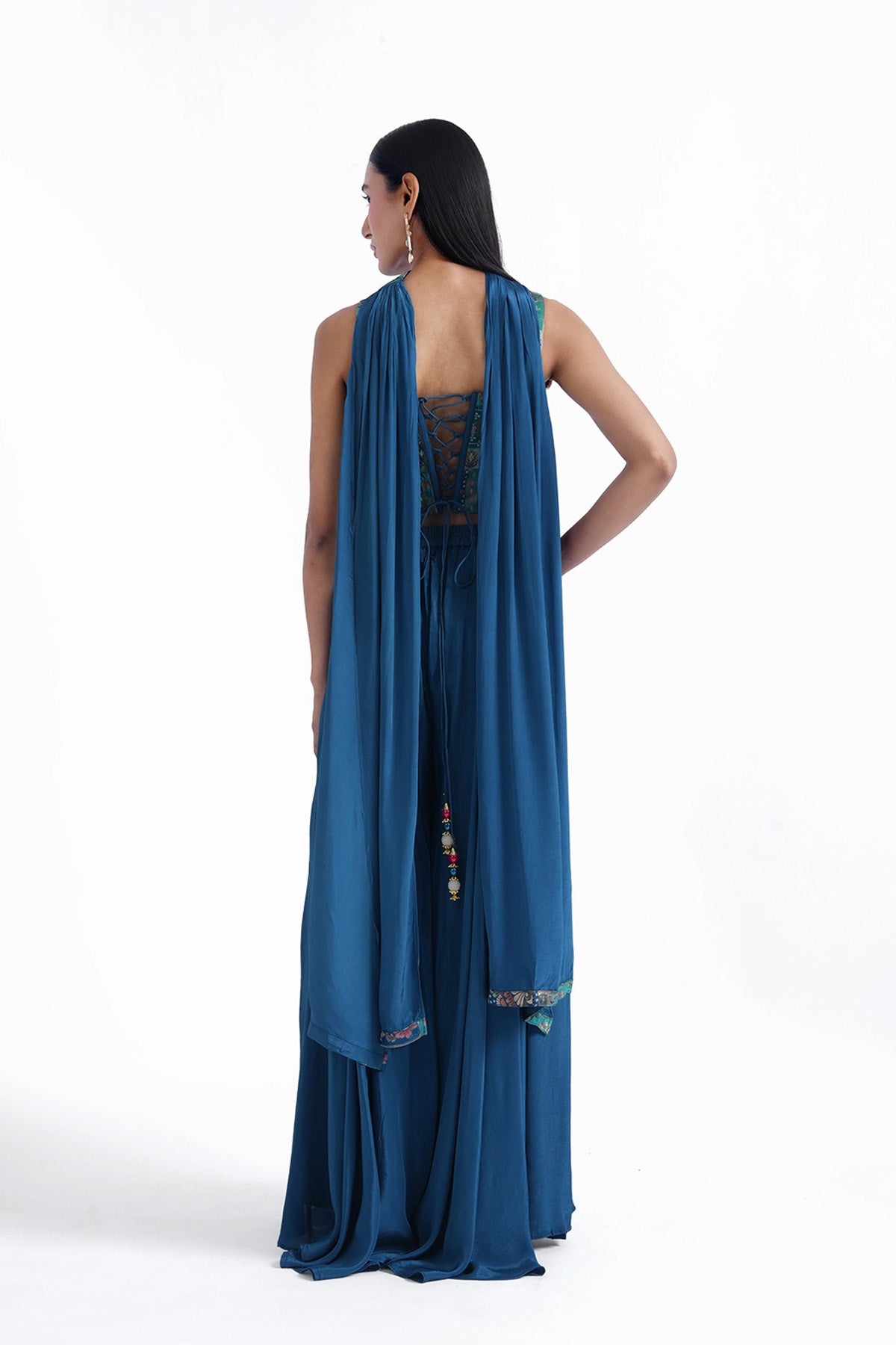 cobalt blue banarasi brocade corset top with palazzo and choker dupatta set