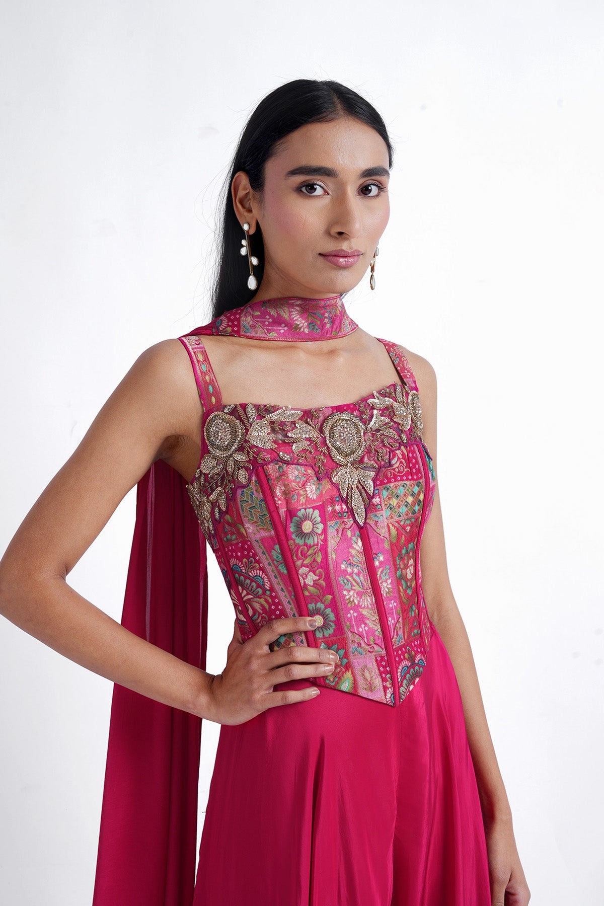 rani pink banarasi brocade corset top with palazzo and choker dupatta set