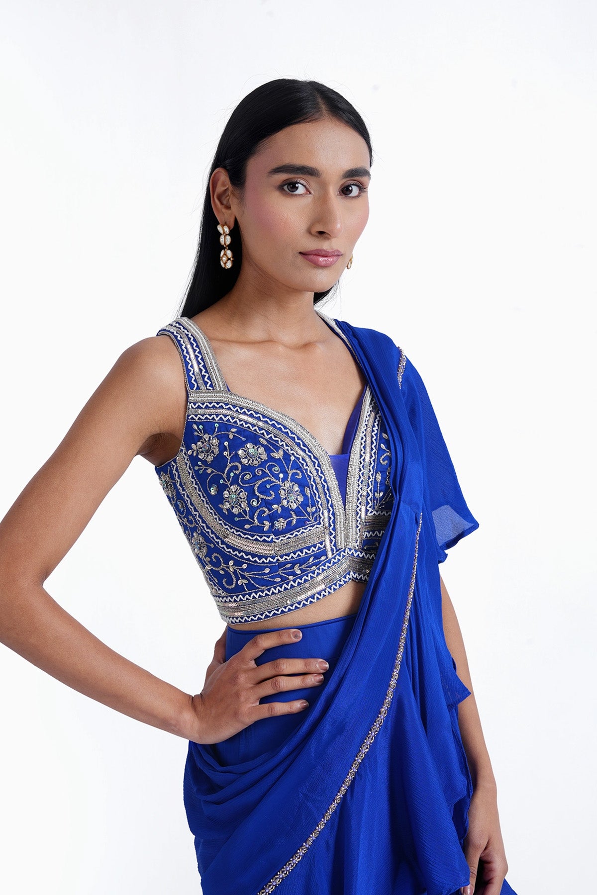 Electric blue fishcut saree with ruffle and top set