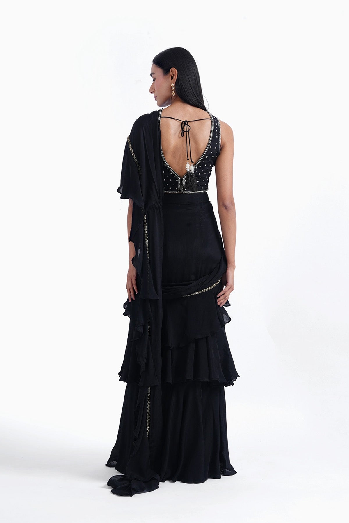 Black fishcut saree with ruffle and top set