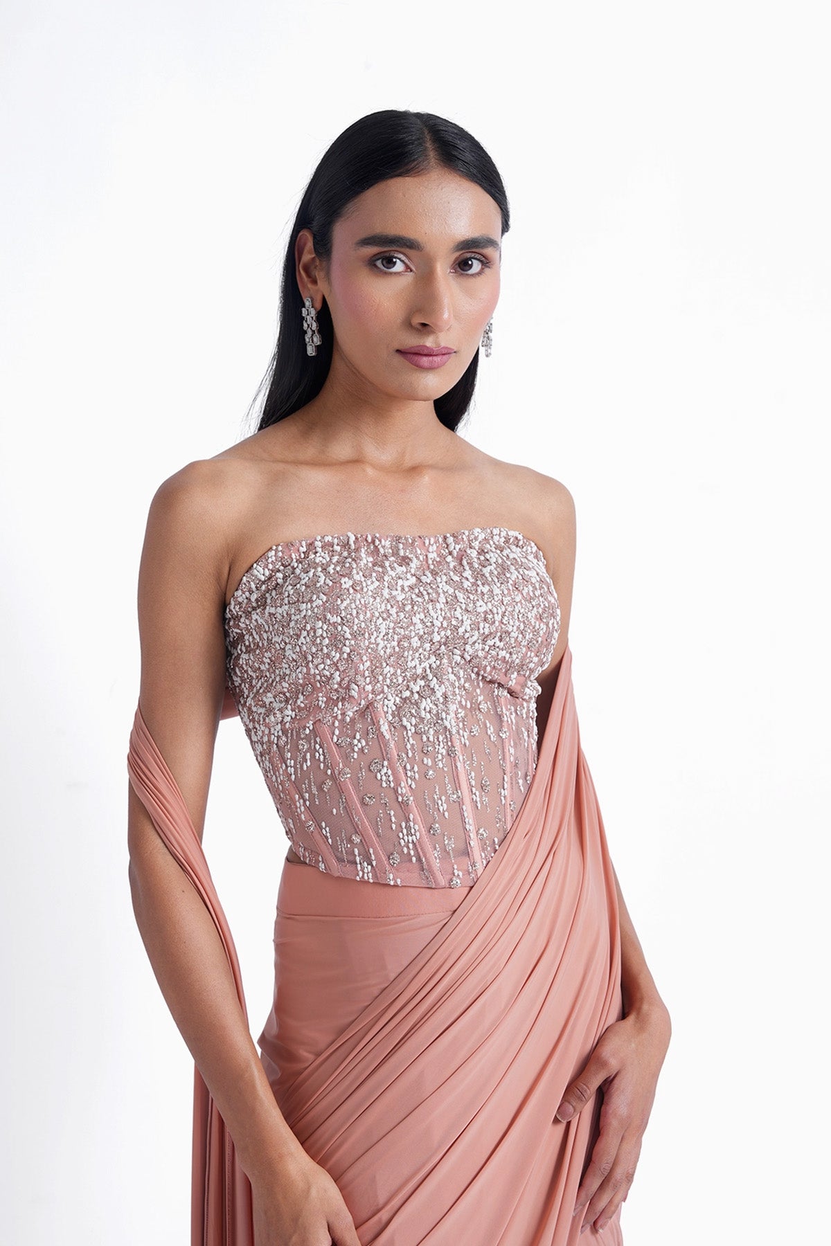 peach corset tube top with ready-to-wear saree in lycra set