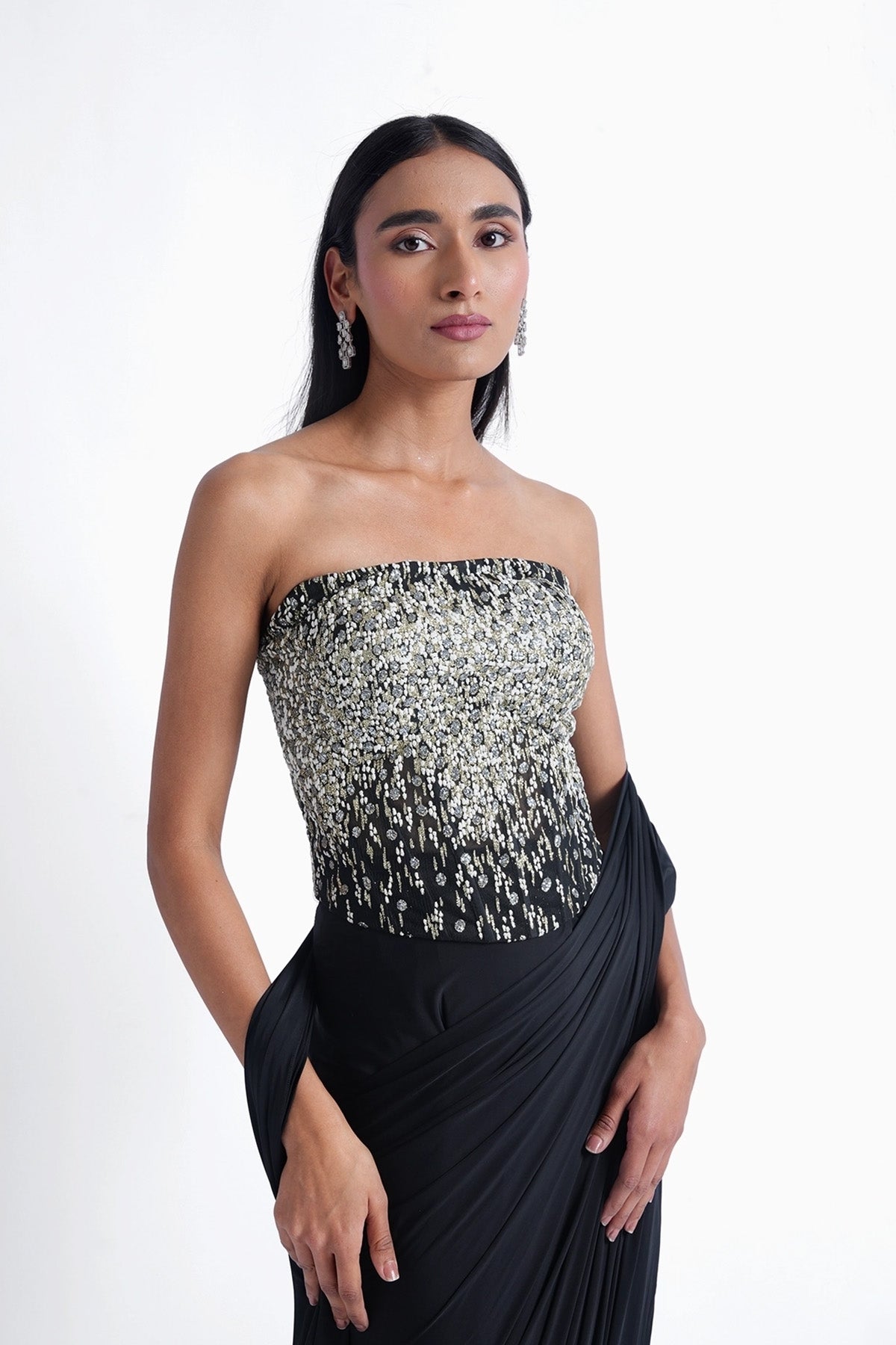 black corset tube top with ready-to-wear saree in lycra set