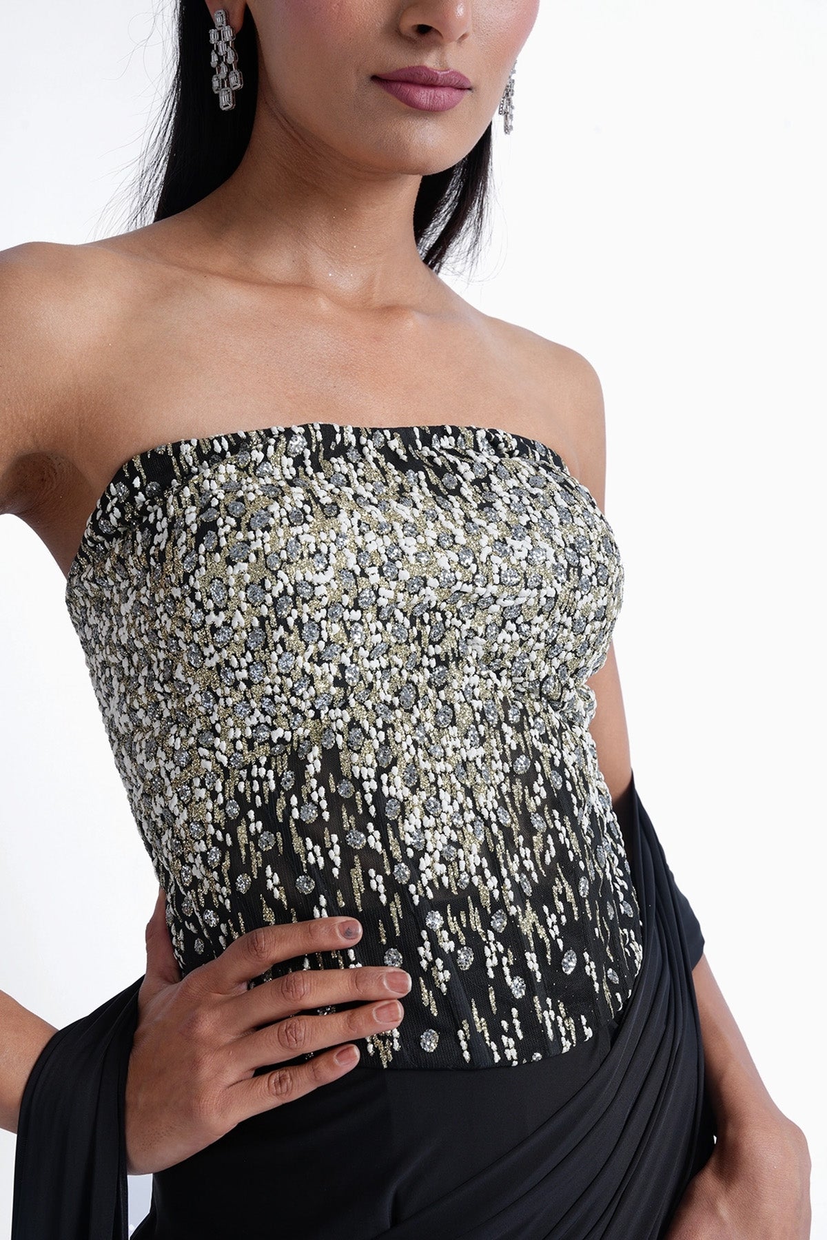 black corset tube top with ready-to-wear saree in lycra set