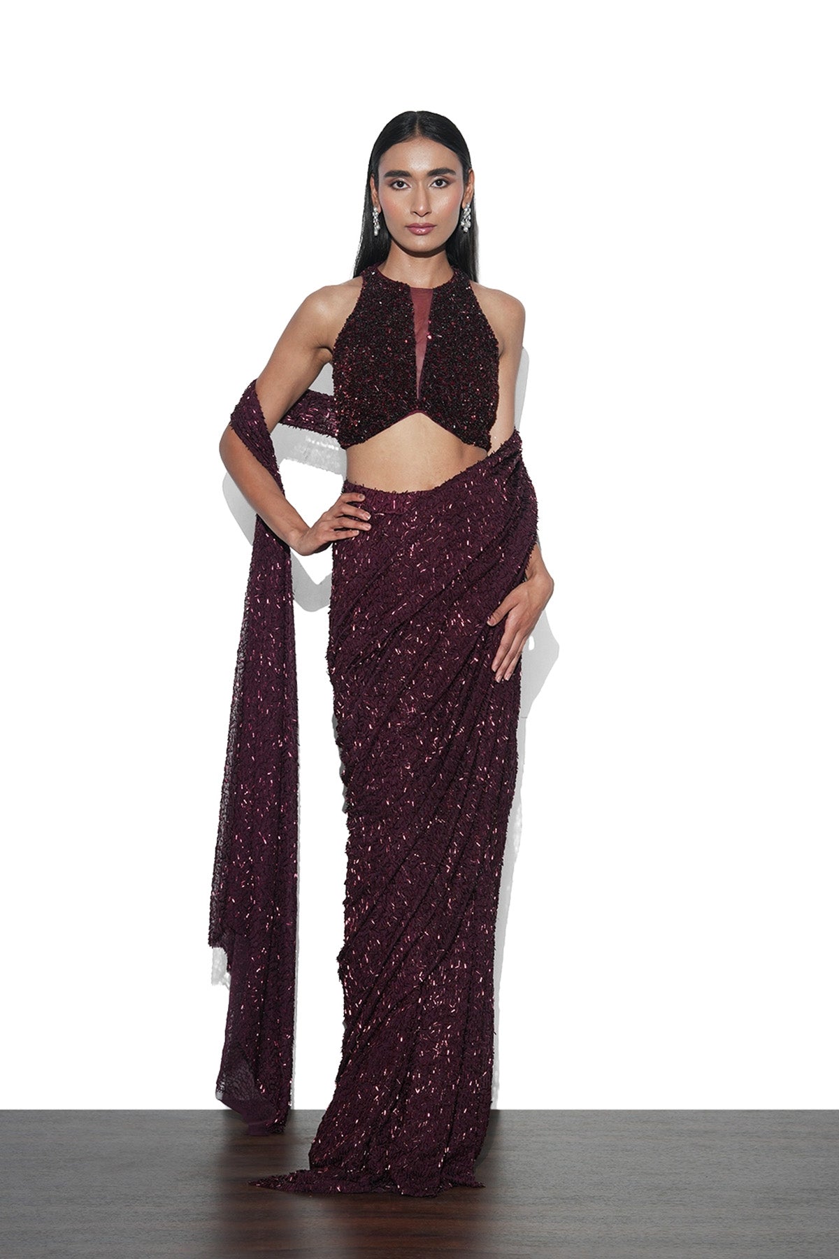 Burgundy pre-draped saree set