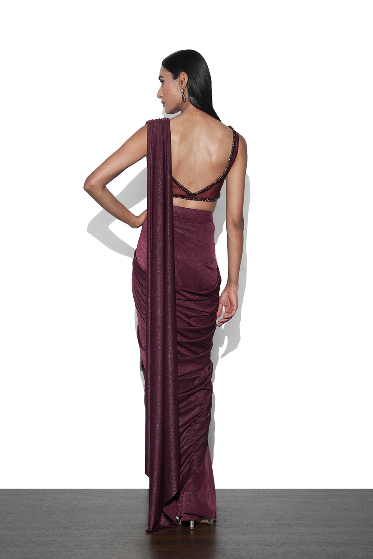 Wine pre-draped saree set in shiny lycra