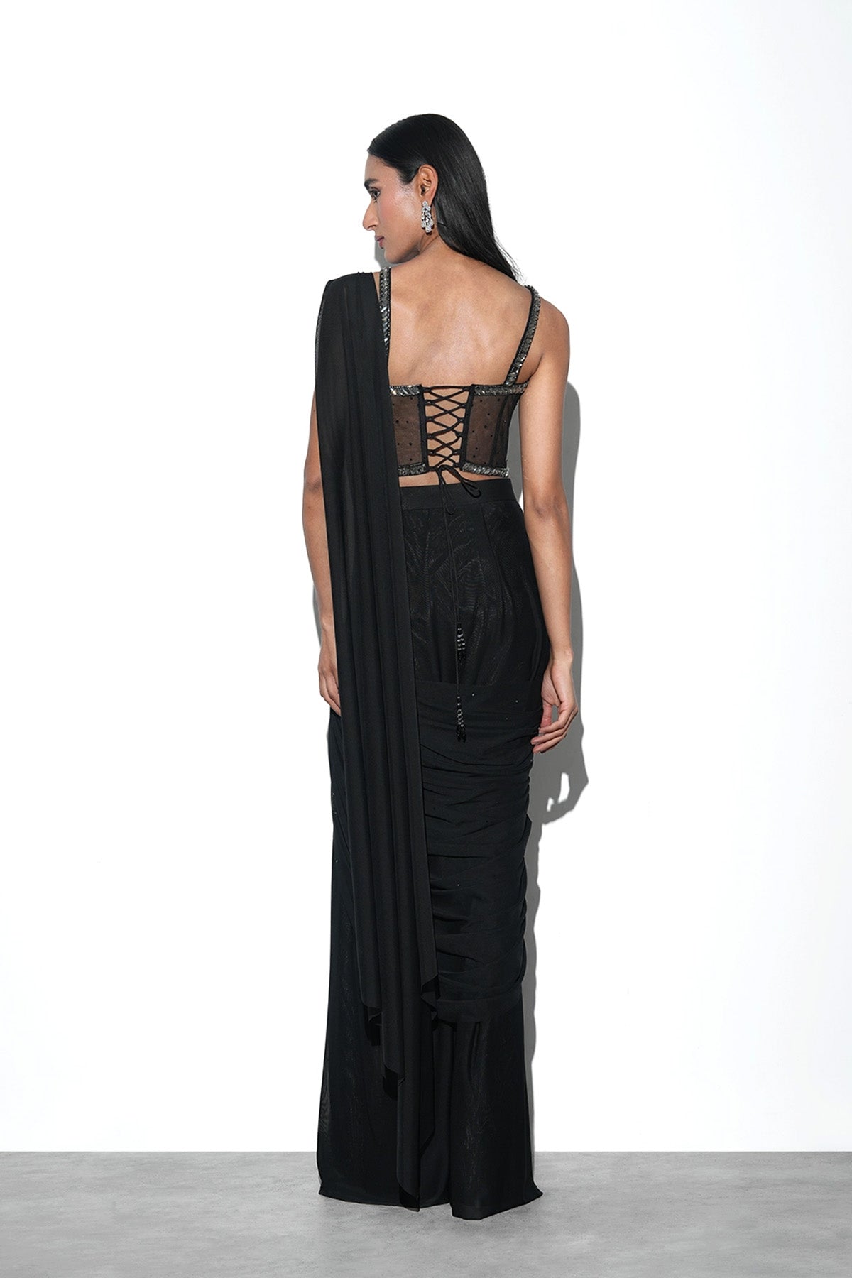 black pre-draped saree in lycra with spaghetti corset blouse